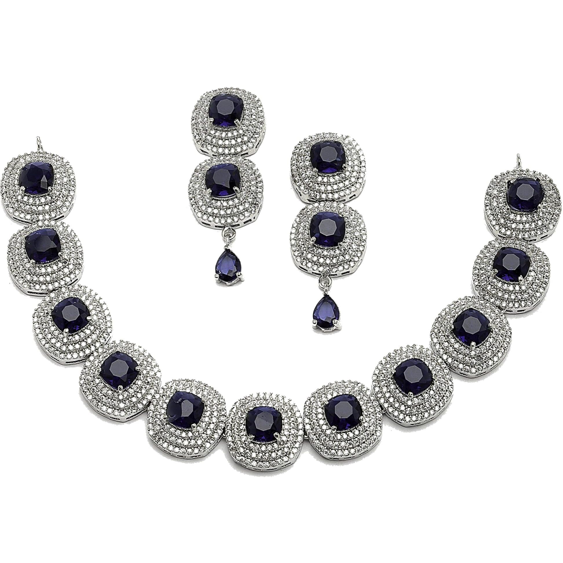 ZENEME Rhodium Plated Silver Toned Triangular Shaped American Diamond Studded Jewellery Set For Women and Girl (Navy Blue_Design_02)