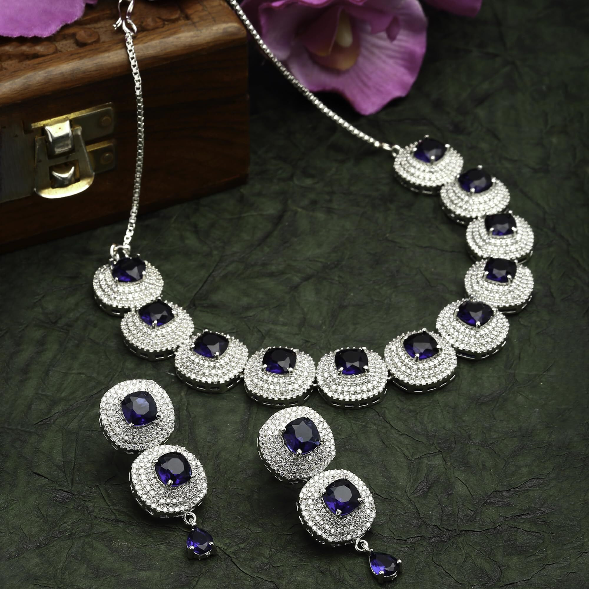 ZENEME Rhodium Plated Silver Toned Triangular Shaped American Diamond Studded Jewellery Set For Women and Girl (Navy Blue_Design_02)