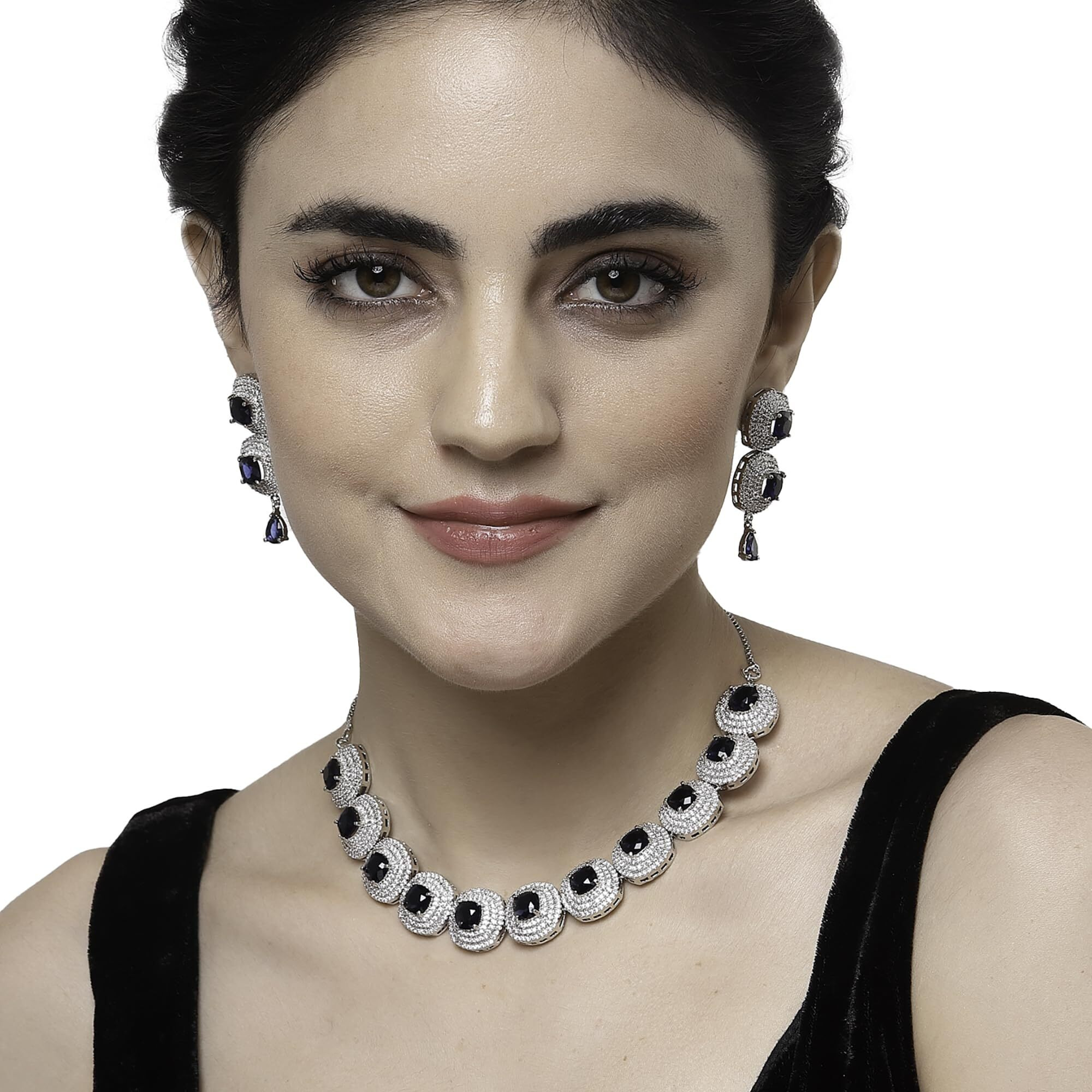 ZENEME Rhodium Plated Silver Toned Triangular Shaped American Diamond Studded Jewellery Set For Women and Girl (Navy Blue_Design_02)