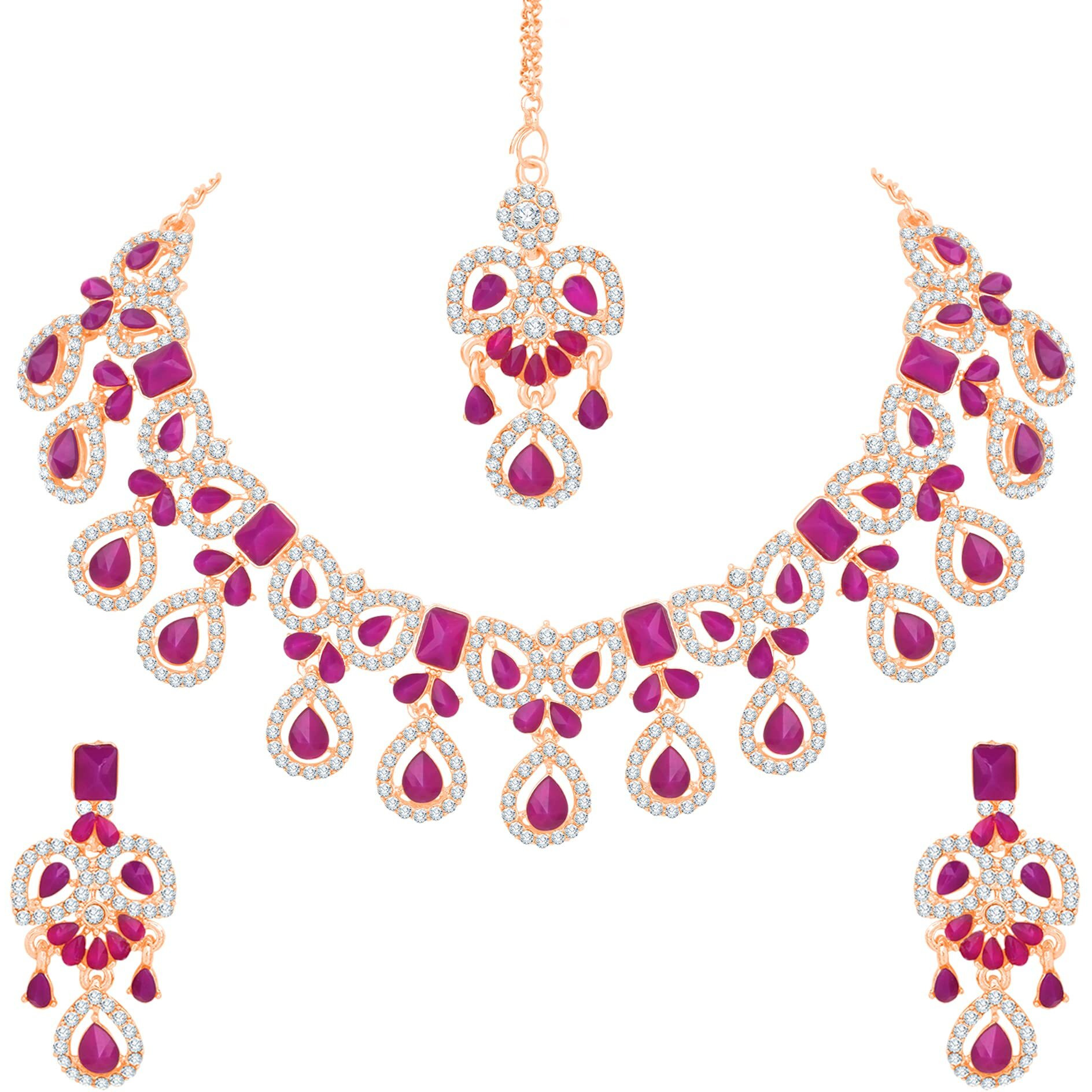 Atasi International Gold Plated Purple Crystal Diamond Necklace with Earrings and Maang Tikka for Women - Jewellery Set for Party, Wedding, Engagement (RGPU5745)