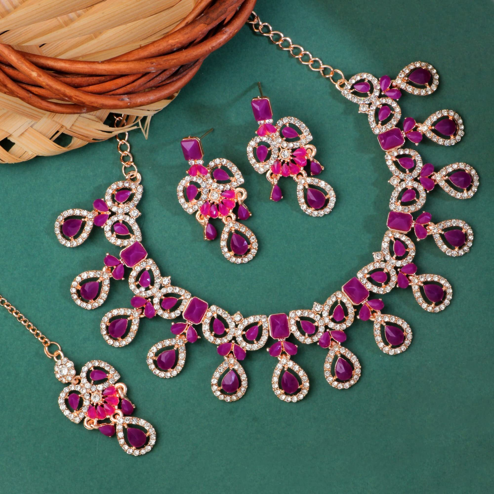 Atasi International Gold Plated Purple Crystal Diamond Necklace with Earrings and Maang Tikka for Women - Jewellery Set for Party, Wedding, Engagement (RGPU5745)