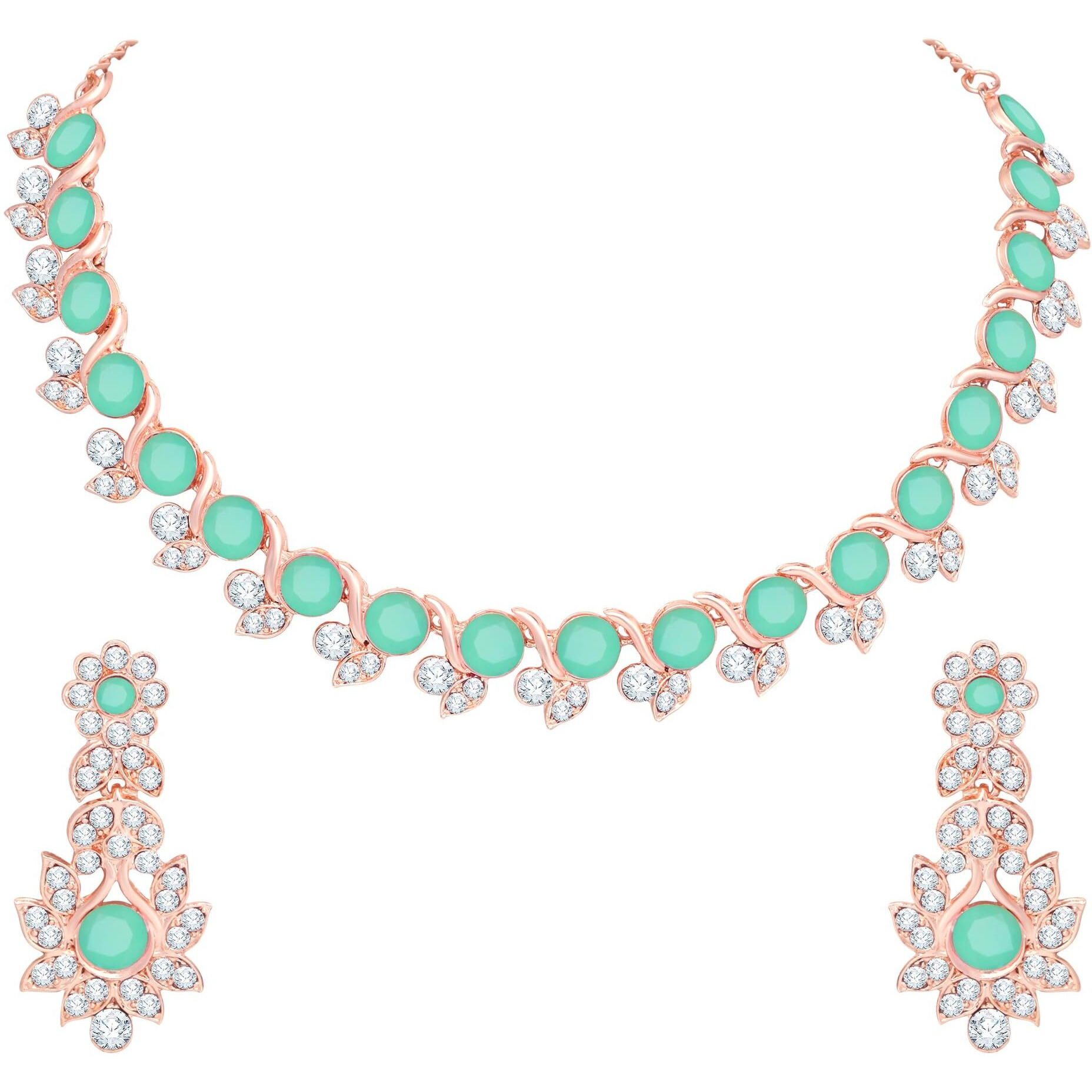 Atasi International Gold Plated Mint Green Color Crystal Necklace Jewellery Set with Earrings for Women Ideal for Party, Wedding, Festivals (GN5764)