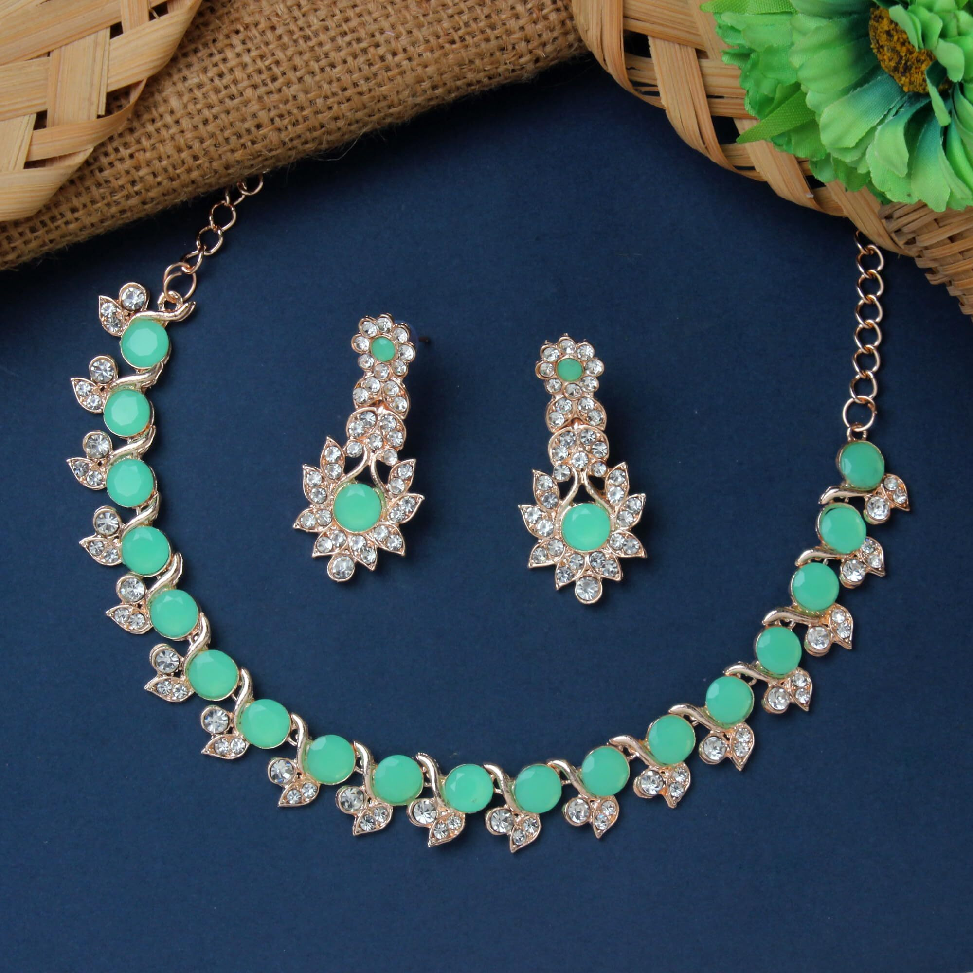 Atasi International Gold Plated Mint Green Color Crystal Necklace Jewellery Set with Earrings for Women Ideal for Party, Wedding, Festivals (GN5764)