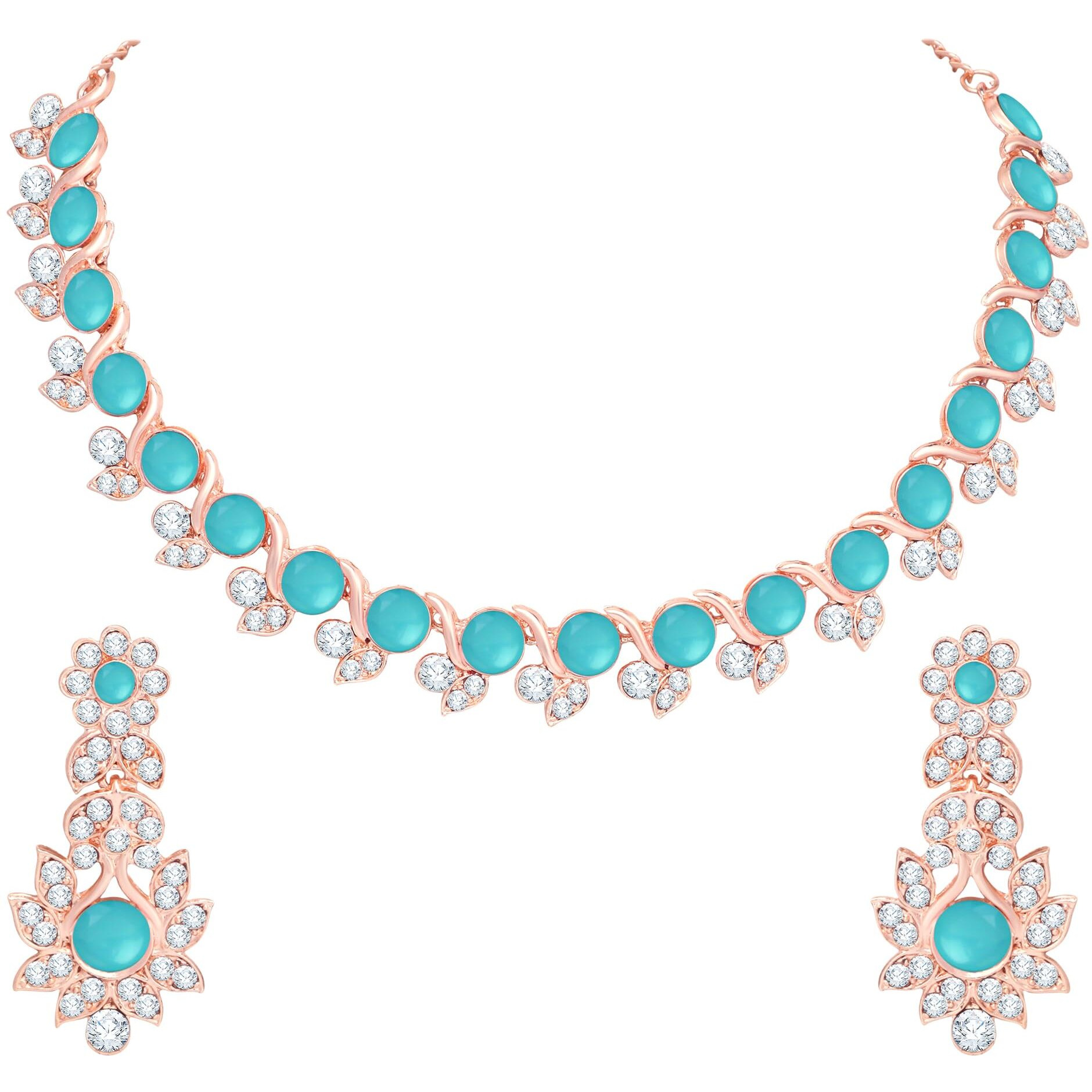 Atasi International Mint Blue Color Crystals Gold Plated Necklace Jewellery Set with Earrings for Women Ideal for Party, Wedding, Festivals (MB5764)
