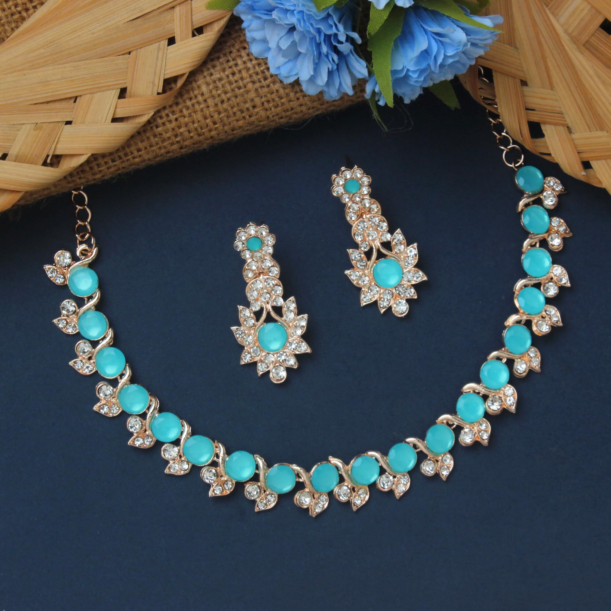Atasi International Mint Blue Color Crystals Gold Plated Necklace Jewellery Set with Earrings for Women Ideal for Party, Wedding, Festivals (MB5764)