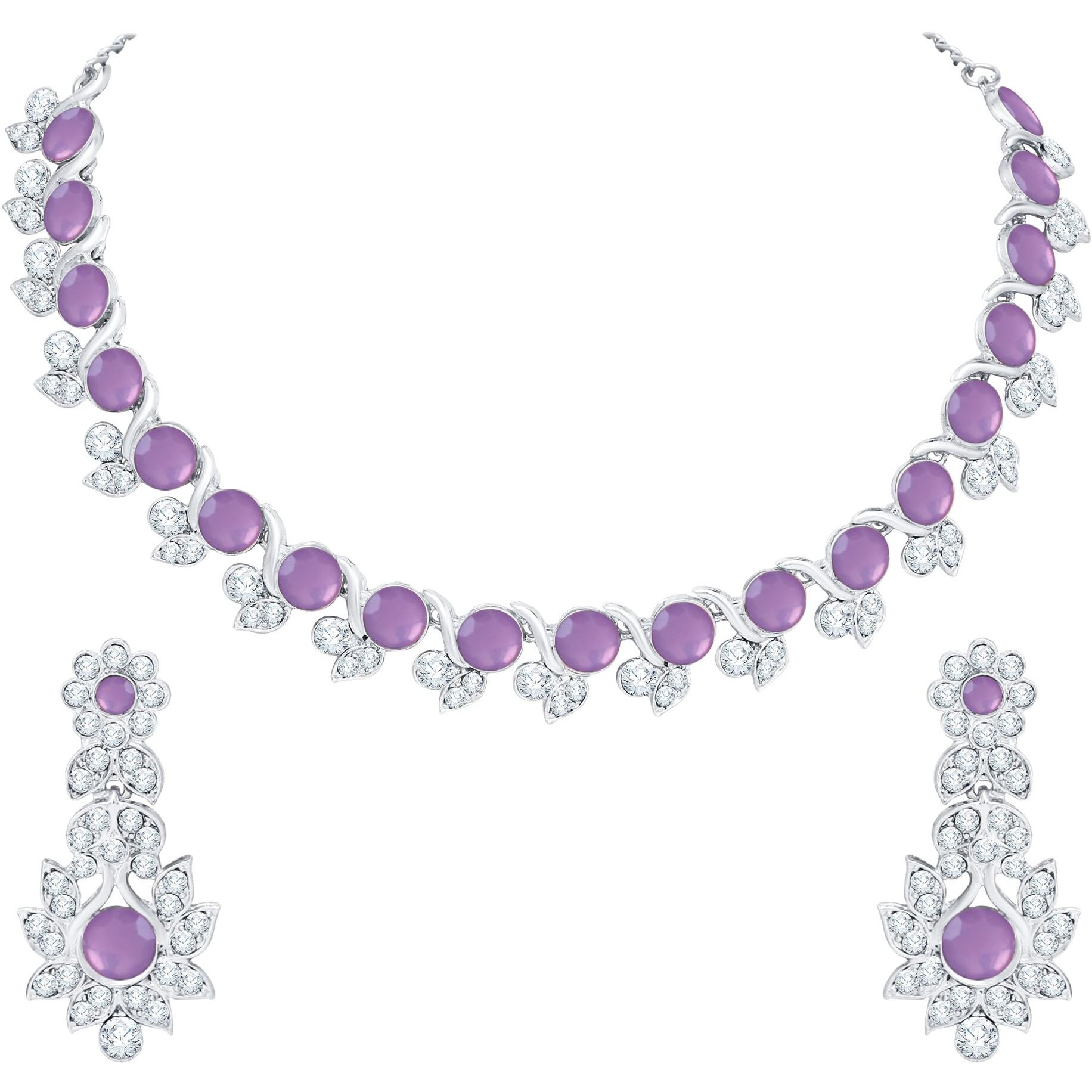 Atasi International Purple Silver Plated Crystal Necklace Jewellery Set with Earrings for Women Ideal for Party, Wedding, Festivals (RPU5764)