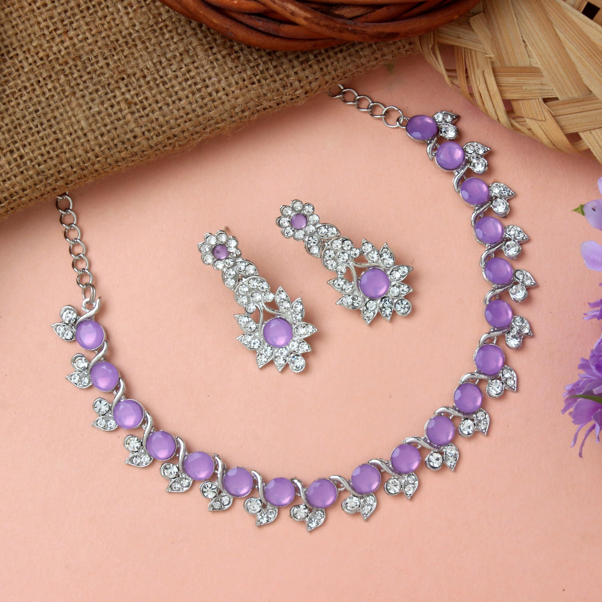 Atasi International Purple Silver Plated Crystal Necklace Jewellery Set with Earrings for Women Ideal for Party, Wedding, Festivals (RPU5764)