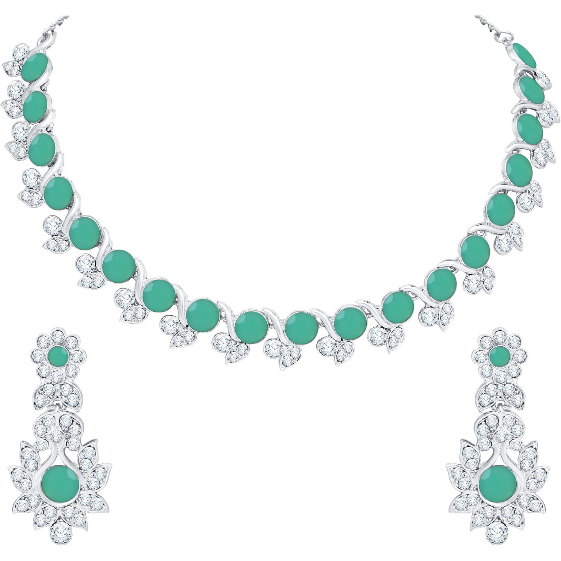 Atasi International Mint Green Silver Plated Crystal Necklace Jewellery Set with Earrings for Women Ideal for Party, Wedding, Festivals (RGN5764)