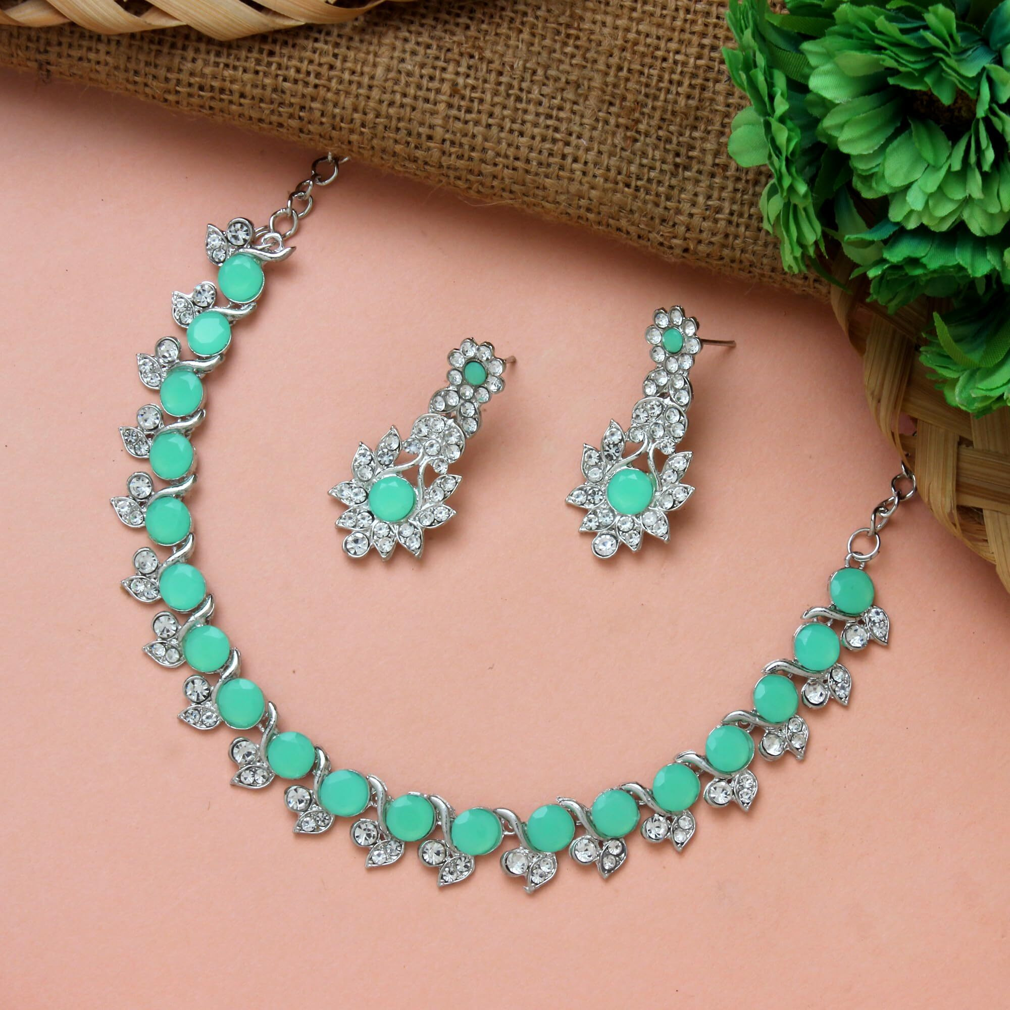 Atasi International Mint Green Silver Plated Crystal Necklace Jewellery Set with Earrings for Women Ideal for Party, Wedding, Festivals (RGN5764)