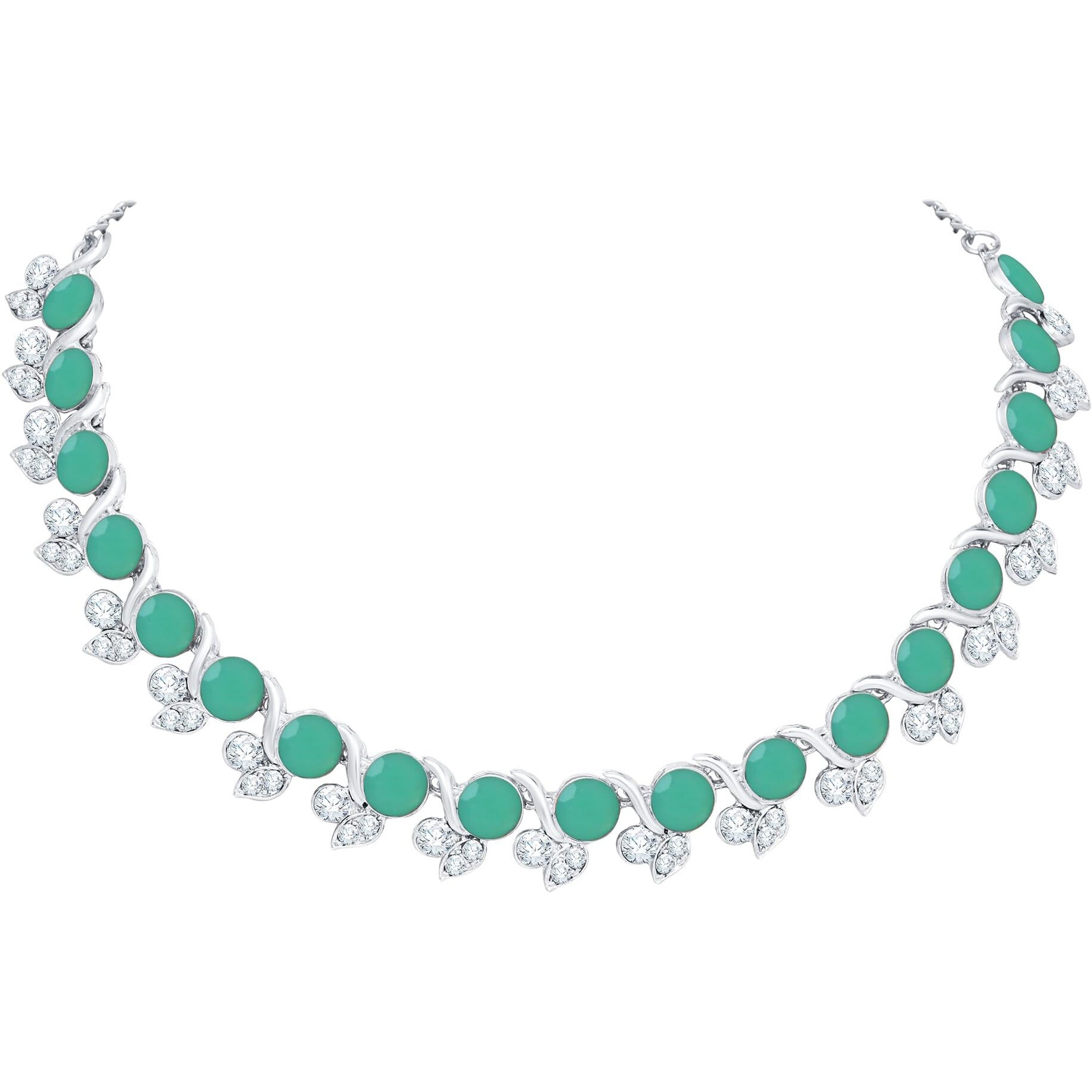Atasi International Mint Green Silver Plated Crystal Necklace Jewellery Set with Earrings for Women Ideal for Party, Wedding, Festivals (RGN5764)