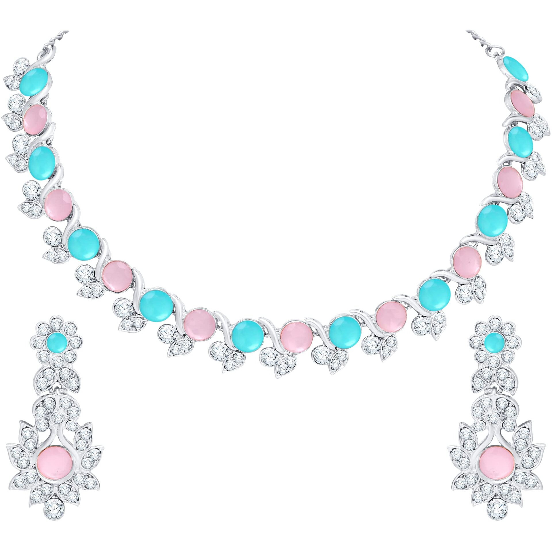 Atasi International Silver Plated Pink and Blue Crystal Diamond Womens Necklace Set | Jewellery Set With Earrings | RPB5764