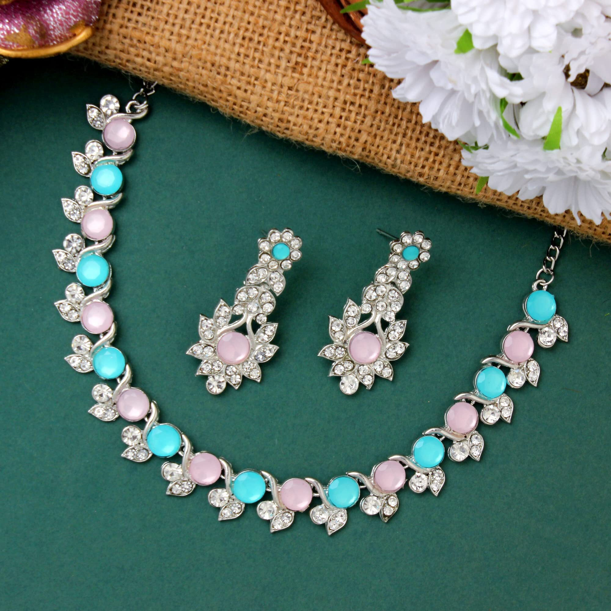 Atasi International Silver Plated Pink and Blue Crystal Diamond Womens Necklace Set | Jewellery Set With Earrings | RPB5764