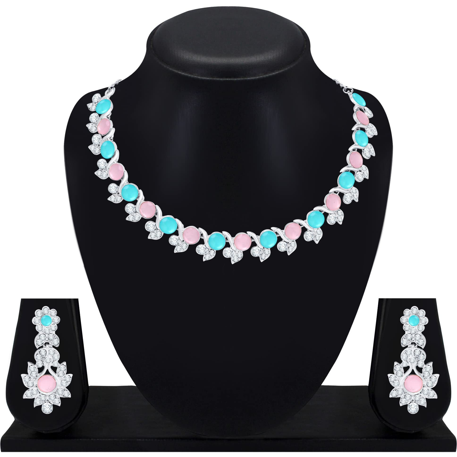 Atasi International Silver Plated Pink and Blue Crystal Diamond Womens Necklace Set | Jewellery Set With Earrings | RPB5764