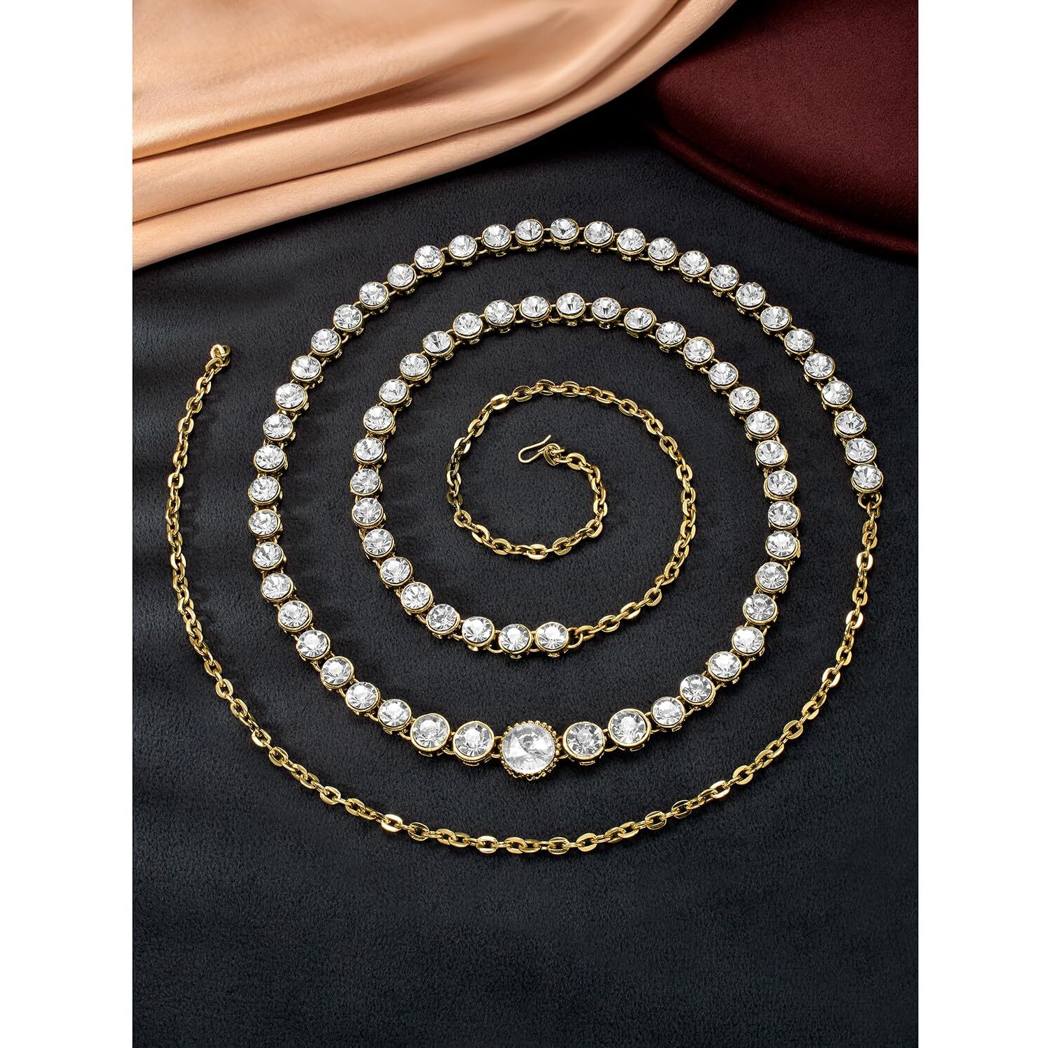 Peora Traditional Jewellery Gold Plated White Diamond Studded Waist Belt Kamar bandh Belly Chain for Women Girls
