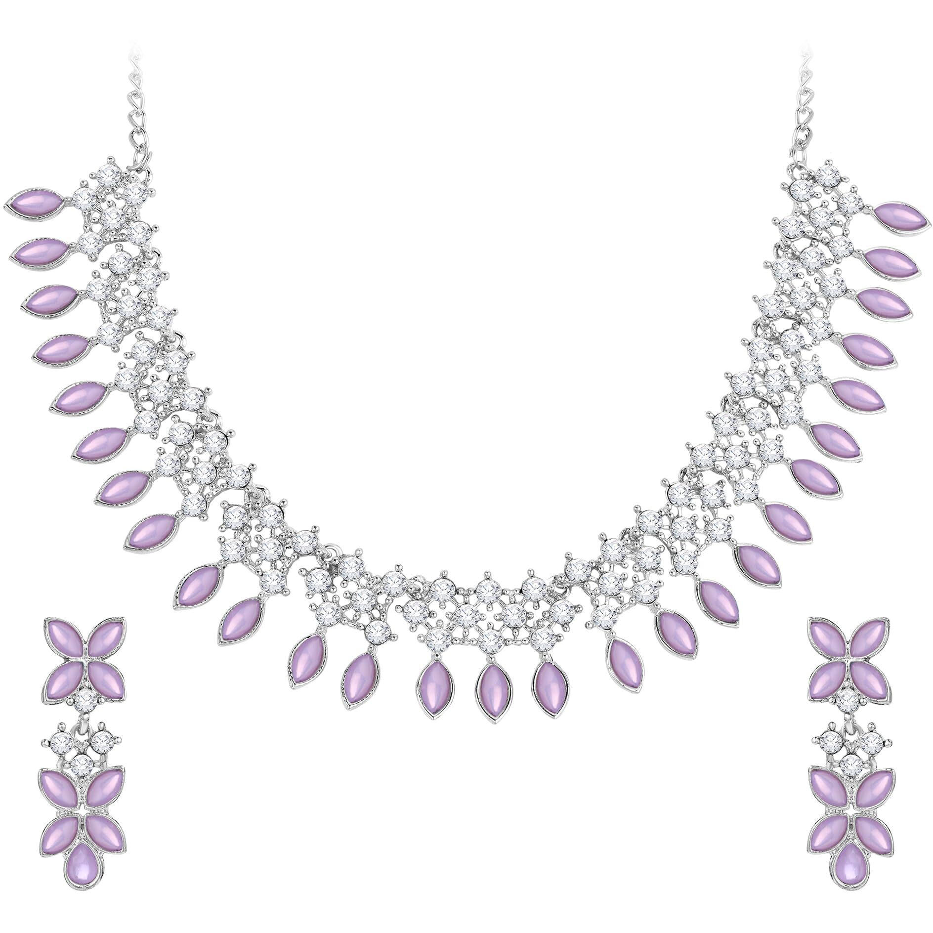 Atasi International Purple Silver Plated Crystal Necklace Jewellery Set with Earrings for Women Ideal for Party, Wedding, Festivals (RPU5775)