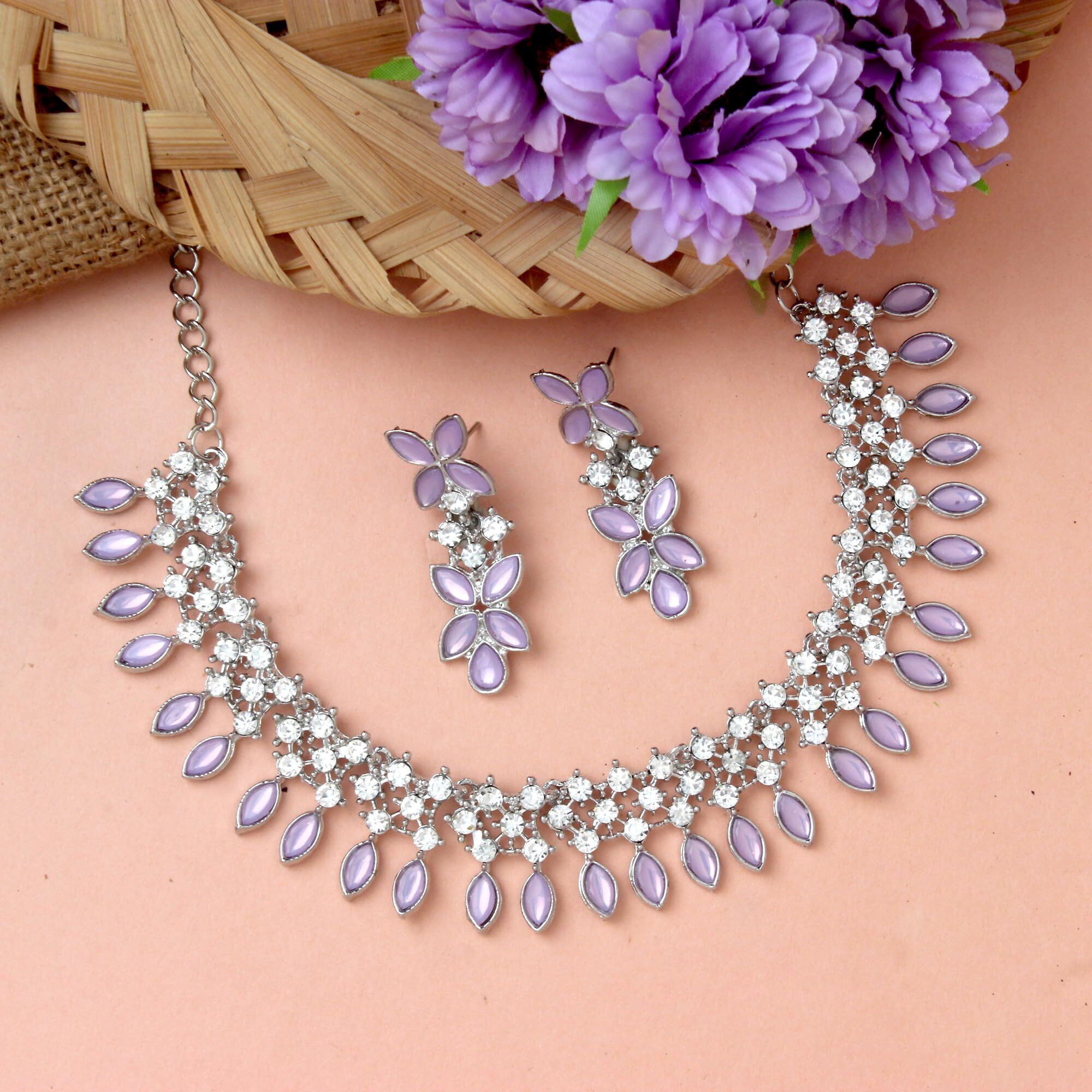 Atasi International Purple Silver Plated Crystal Necklace Jewellery Set with Earrings for Women Ideal for Party, Wedding, Festivals (RPU5775)