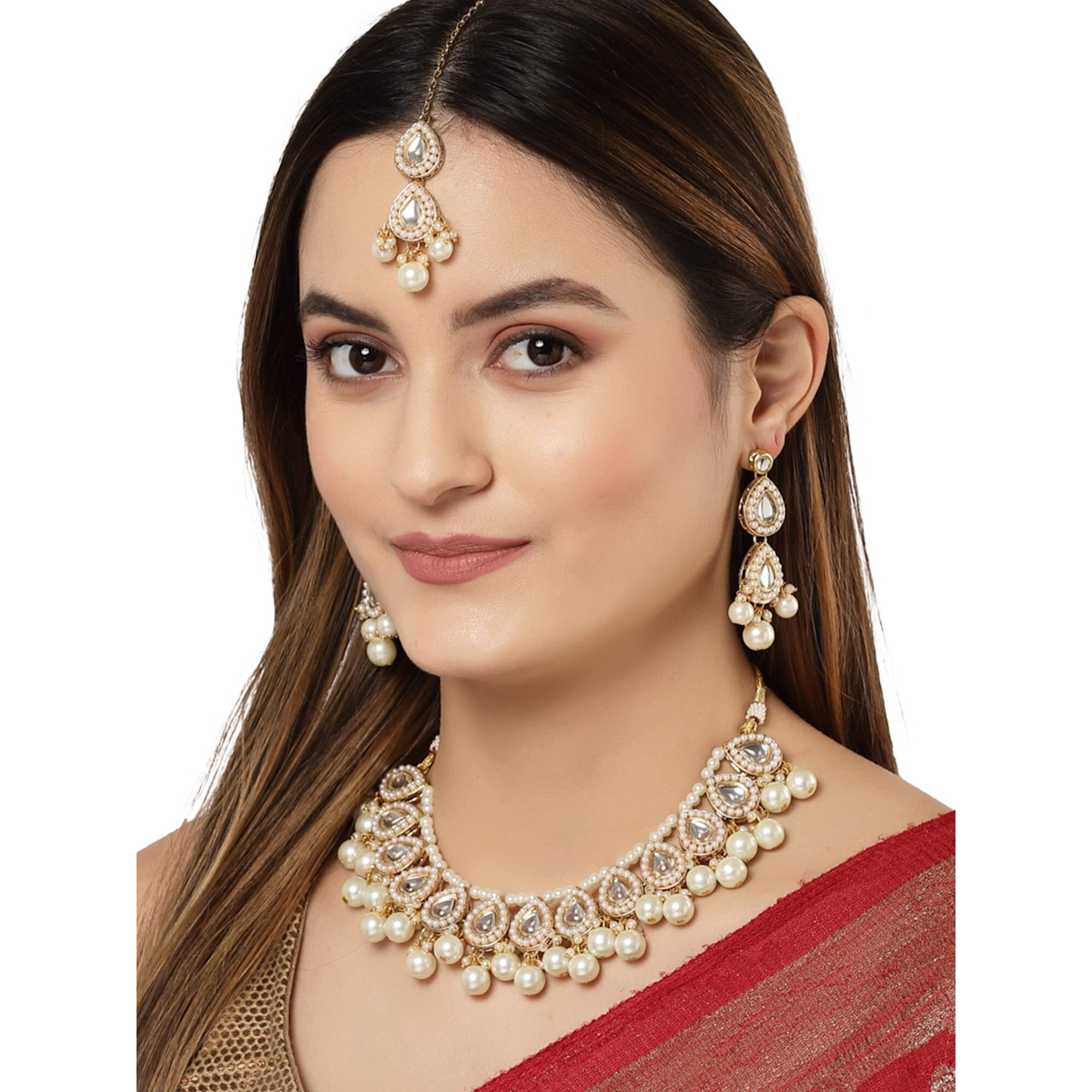 Karatcart Gold Plated Pearl and Drop Kundan Studded Choker Necklace Setfor Women