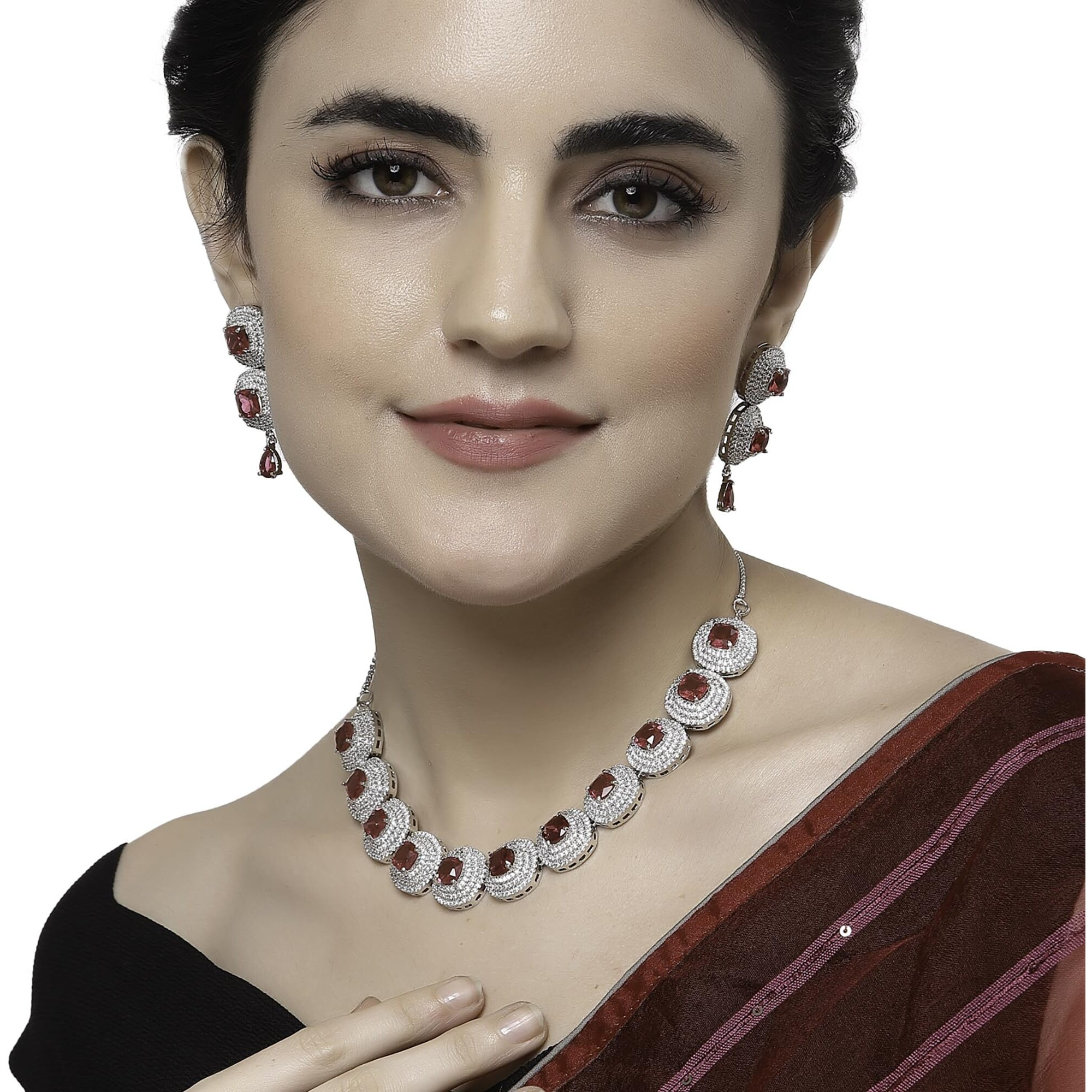 ZENEME Rhodium Plated Silver Toned Triangular Shaped American Diamond Studded Jewellery Set For Women and Girl (Red_Design_02)