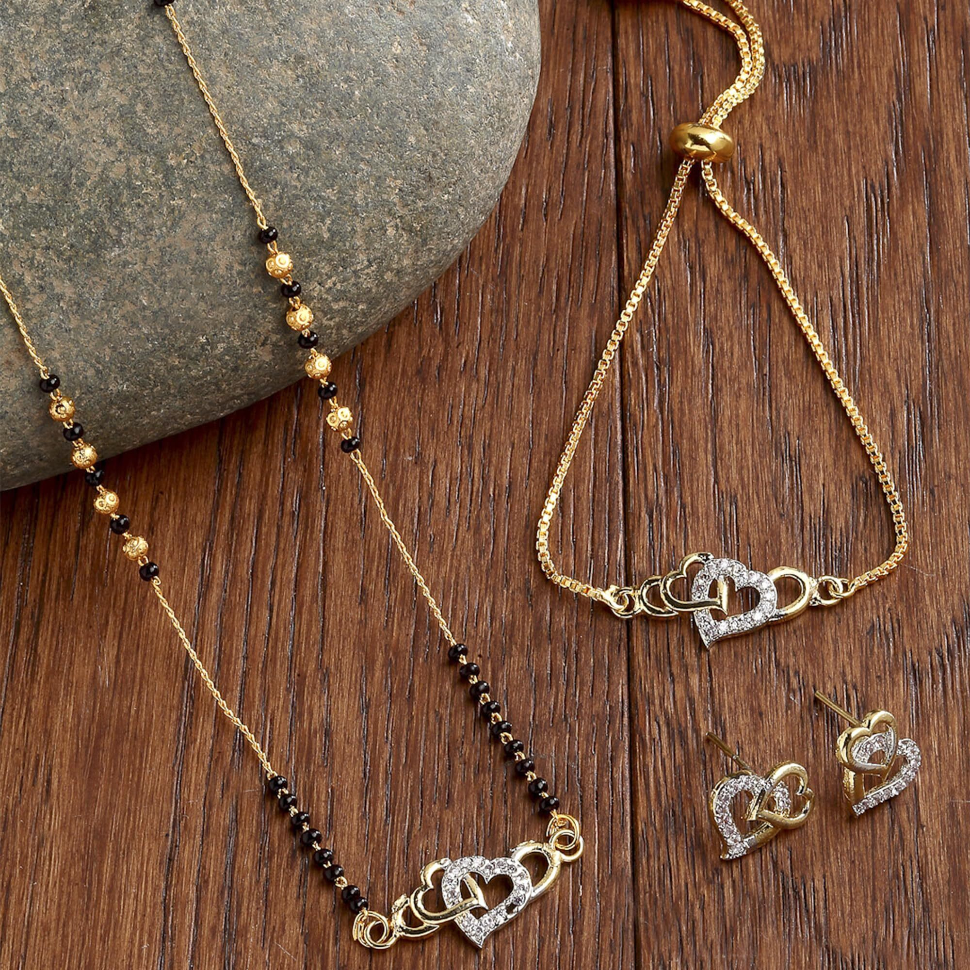 ZENEME Gold Plated Mangalsutra Tanmaniya Nallapusalu, Black Bead Golden Chain Bracelet, Ring, Earrings For Women and Girls (Design-1)