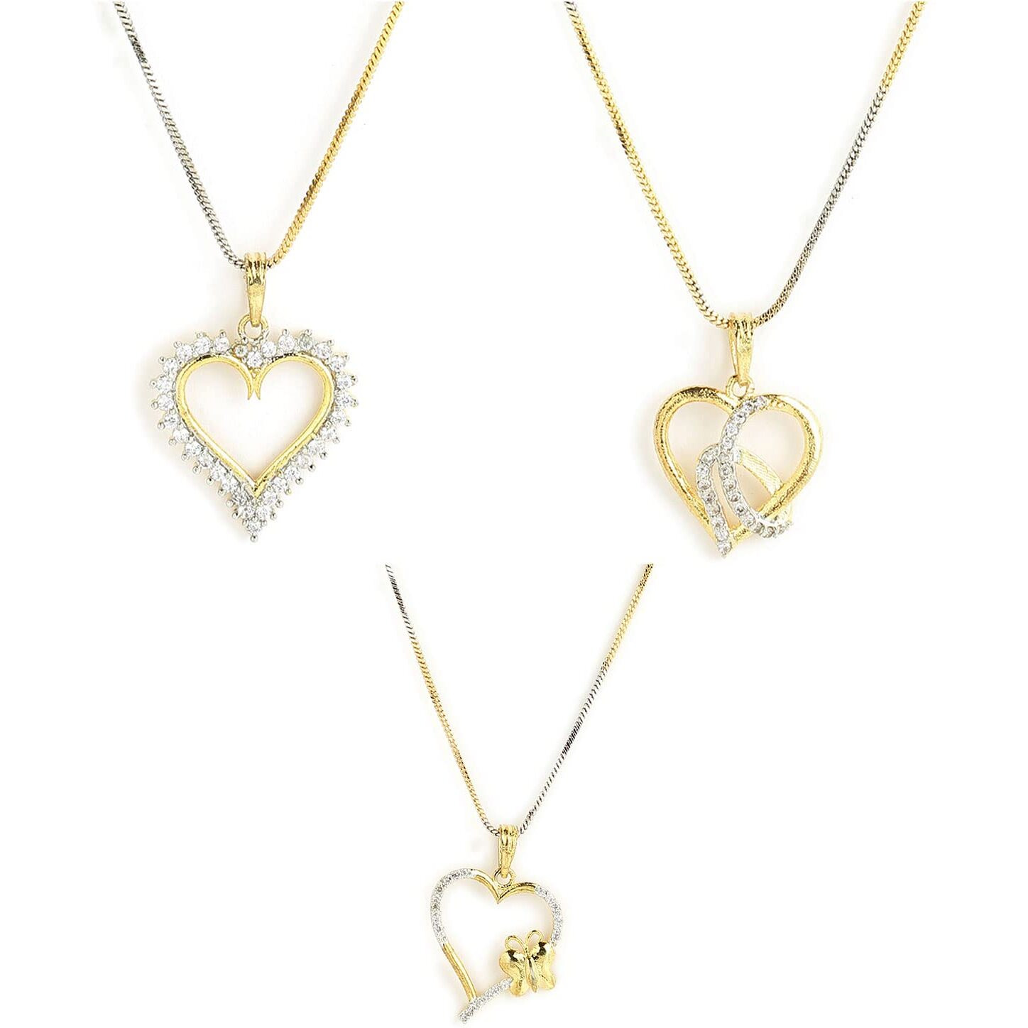 ZENEME Jewellery Set Gold Plated American Diamond Heart Shape and Crystal Style Pendant Necklace Set for Women and Girls Set Of 3 (Design 3)