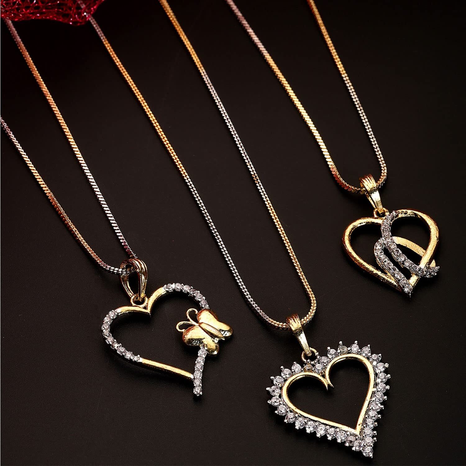 ZENEME Jewellery Set Gold Plated American Diamond Heart Shape and Crystal Style Pendant Necklace Set for Women and Girls Set Of 3 (Design 3)