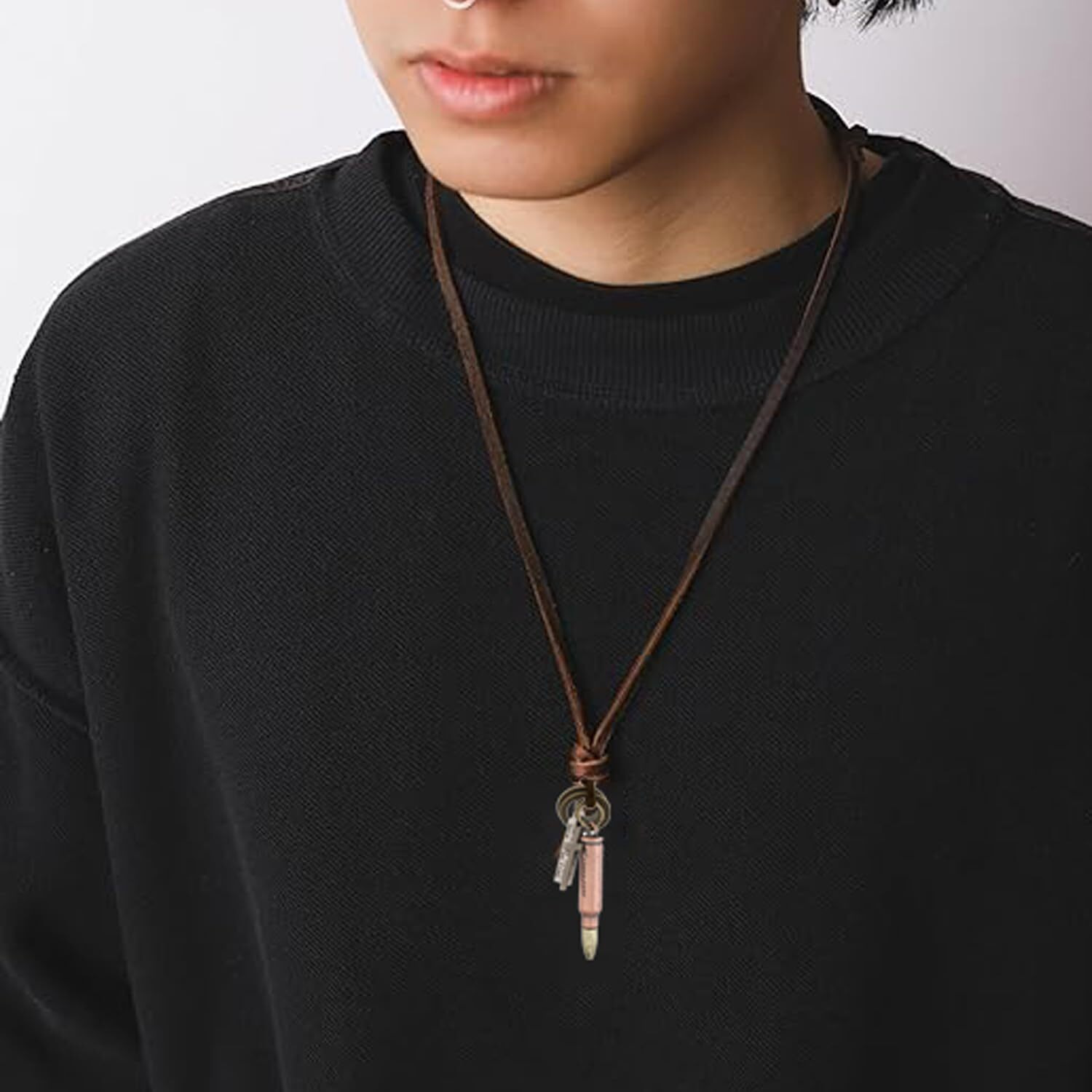Young & Forever Gift Men-Tastic Collection Boho Bohemian Vintage Antique Rose Gold Bronze Bull et Cross Ring Pendant Adjustable Leather Cord Mens Necklace for Men Women