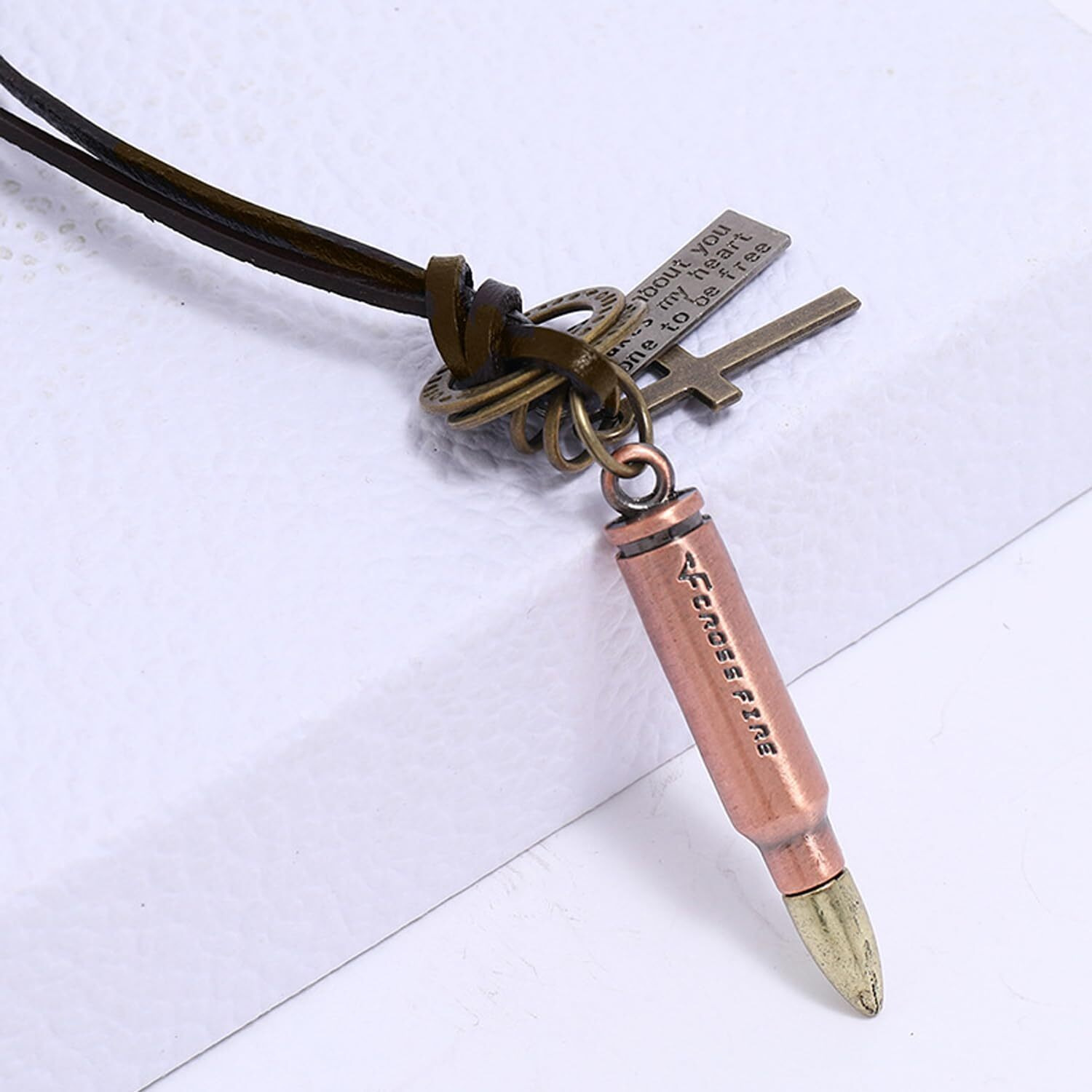 Young & Forever Gift Men-Tastic Collection Boho Bohemian Vintage Antique Rose Gold Bronze Bull et Cross Ring Pendant Adjustable Leather Cord Mens Necklace for Men Women