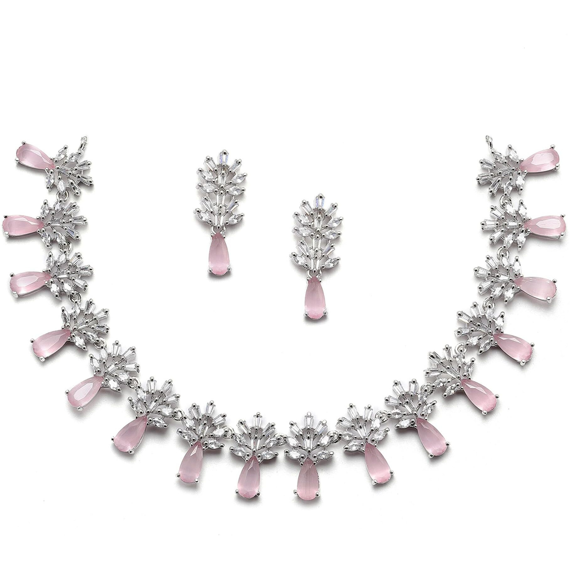 ZENEME Rhodium-Plated Silver Toned Teardrop Shaped American Diamond Studded Necklace Earrings Jewellery Set for Girls and Women (Pink)