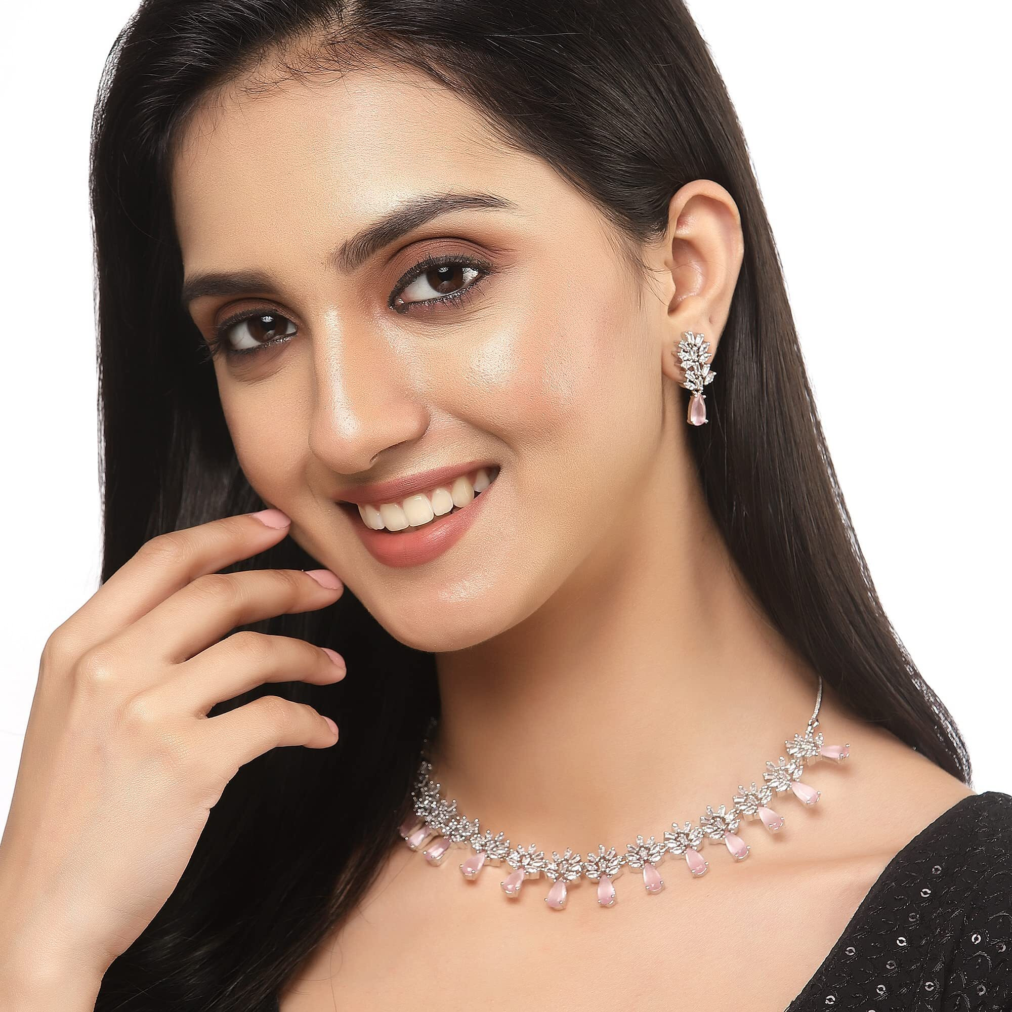 ZENEME Rhodium-Plated Silver Toned Teardrop Shaped American Diamond Studded Necklace Earrings Jewellery Set for Girls and Women (Pink)