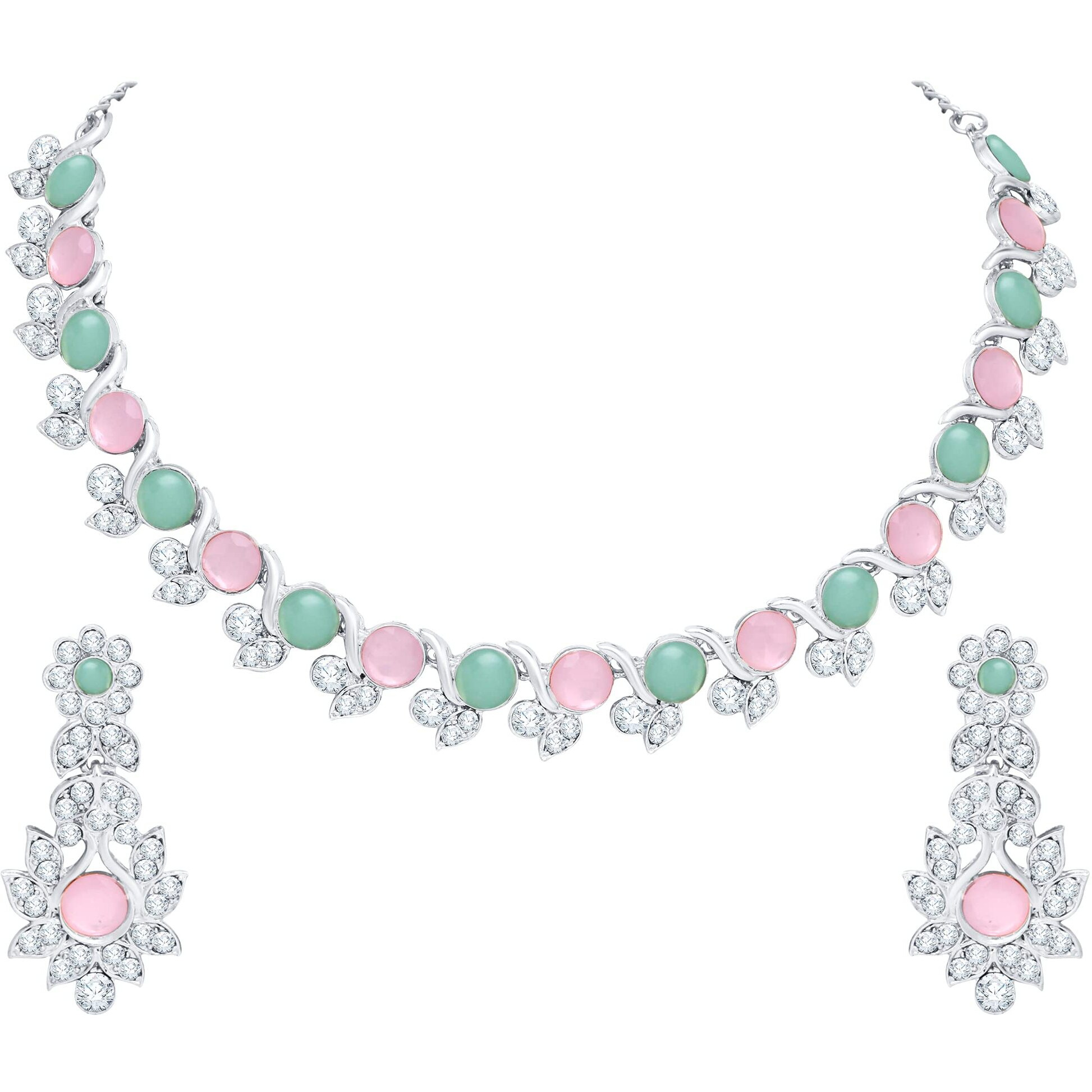 Atasi International Silver Plated Pink and Green Crytsal AD Diamond Womens Necklace Set | Jewellery Set With Earrings | RPG5764