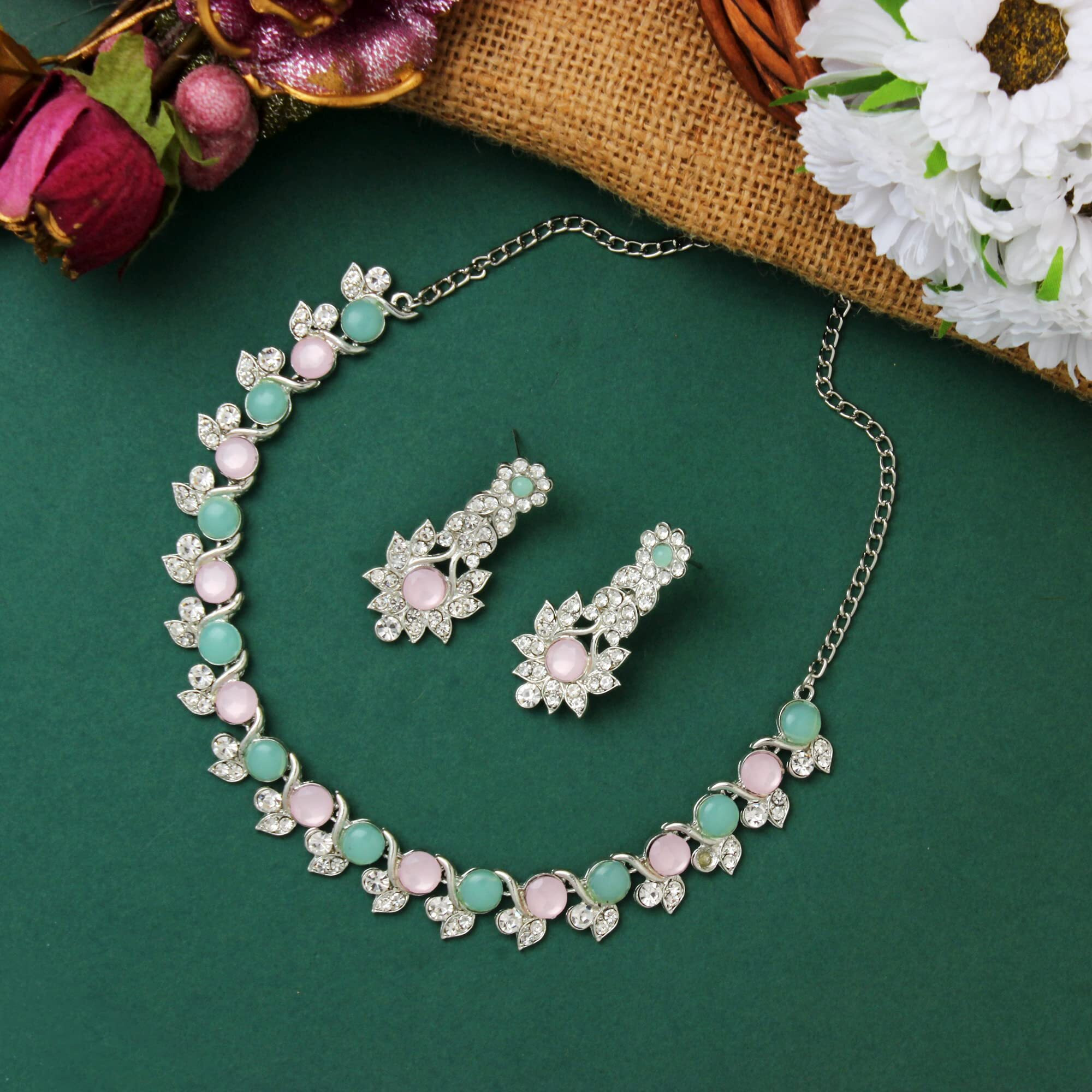 Atasi International Silver Plated Pink and Green Crytsal AD Diamond Womens Necklace Set | Jewellery Set With Earrings | RPG5764