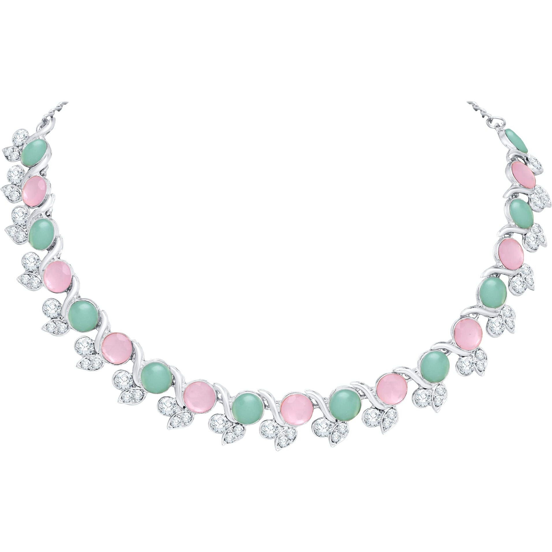 Atasi International Silver Plated Pink and Green Crytsal AD Diamond Womens Necklace Set | Jewellery Set With Earrings | RPG5764