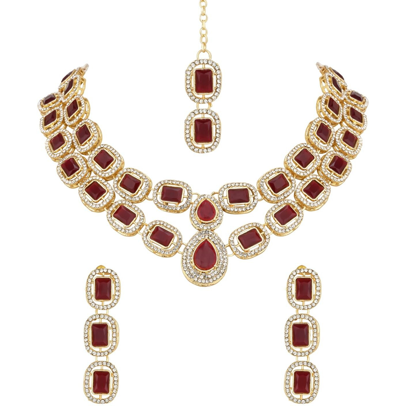 I Jewels Gold Plated Traditional Stone Choker Necklace Jewellery With Earring & Maang Tikka Set For Women And Girls (Maroon)