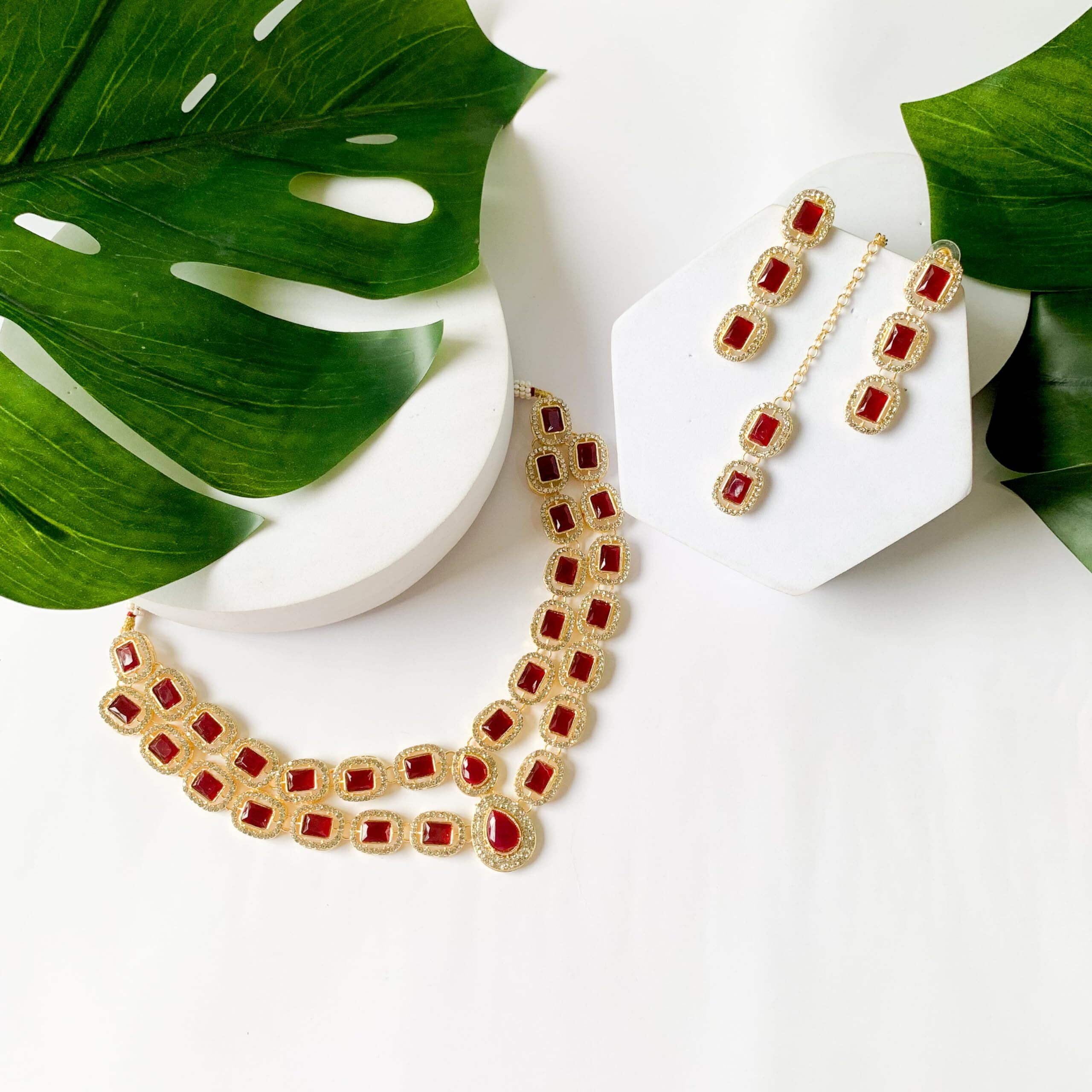 I Jewels Gold Plated Traditional Stone Choker Necklace Jewellery With Earring & Maang Tikka Set For Women And Girls (Maroon)