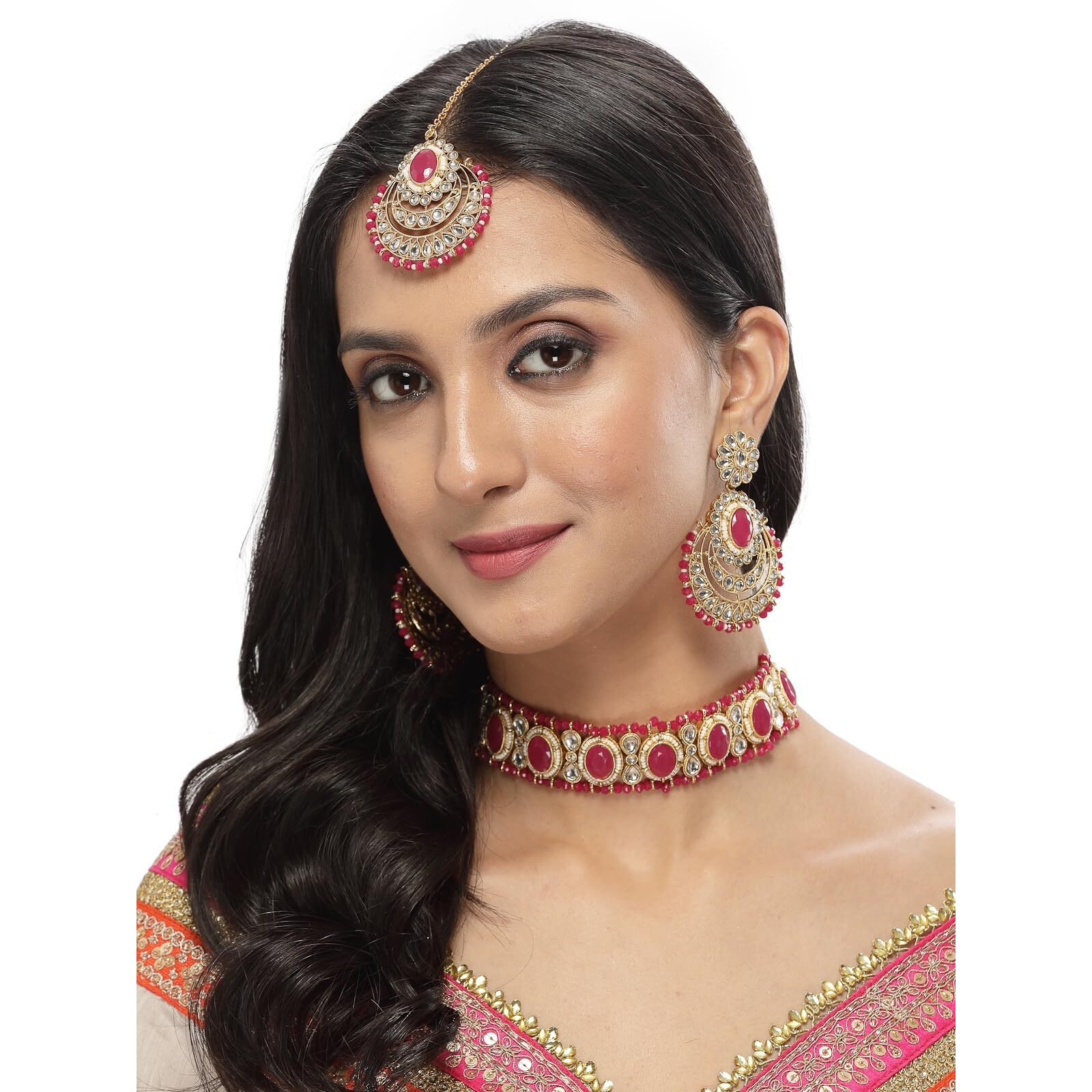 Sukkhi Indian Traditional Gold Plated Rani Pink Stone & Beads Choker Necklace Set With Earring And Maangtika | Jewellery Set For Women (NS105712)