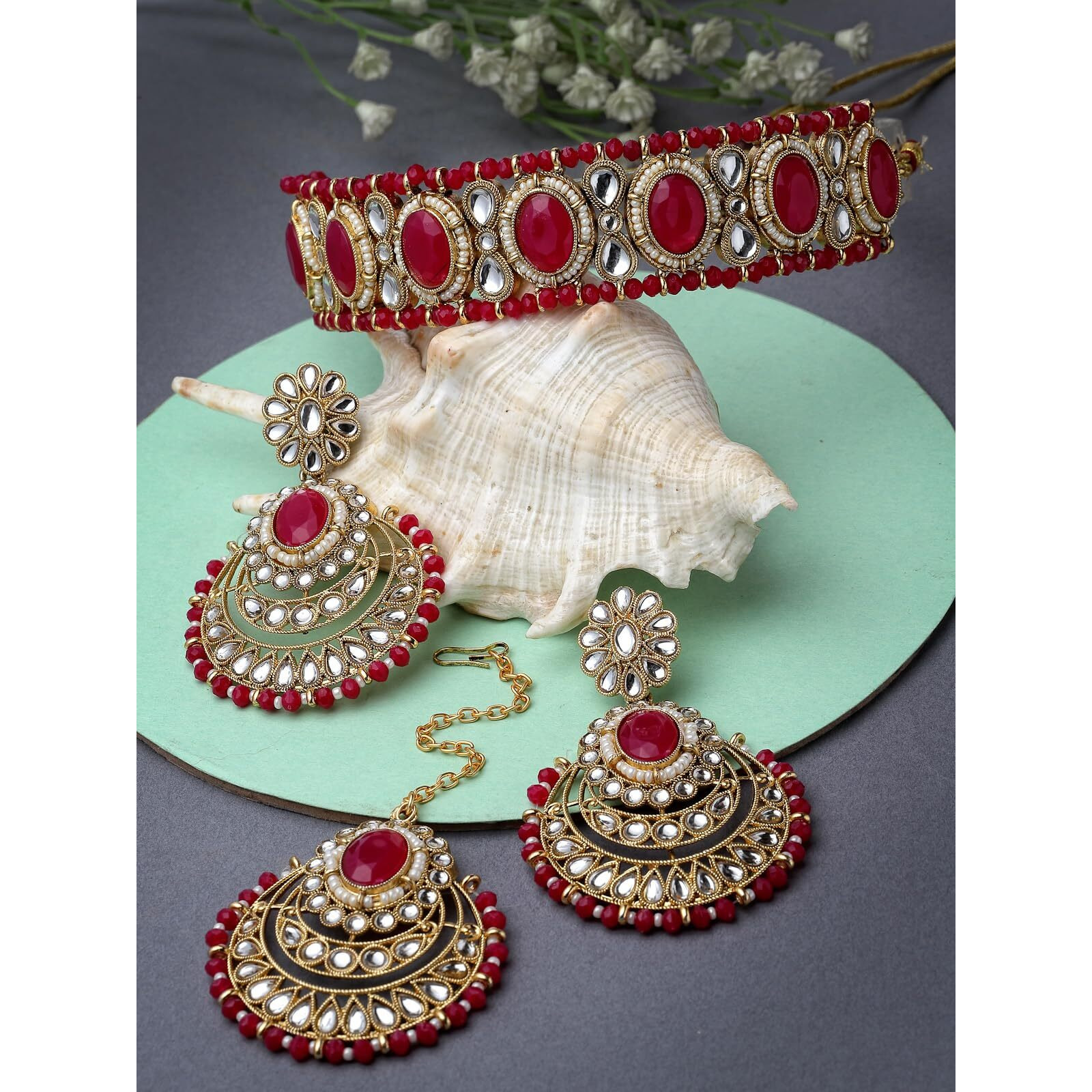 Sukkhi Indian Traditional Gold Plated Rani Pink Stone & Beads Choker Necklace Set With Earring And Maangtika | Jewellery Set For Women (NS105712)