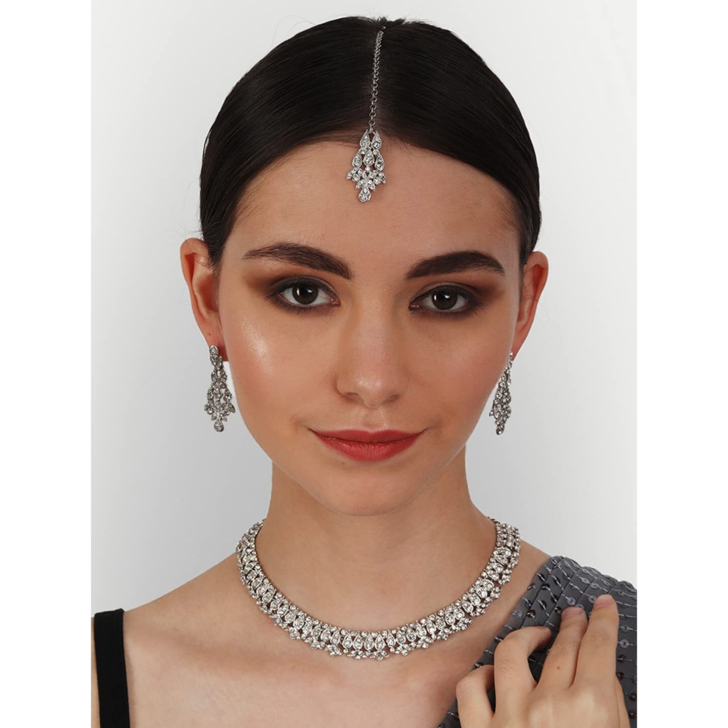Atasi International Diamond Collection by Designer Collection American Diamond Jewellery Set for Women (SILVER) (R2004)