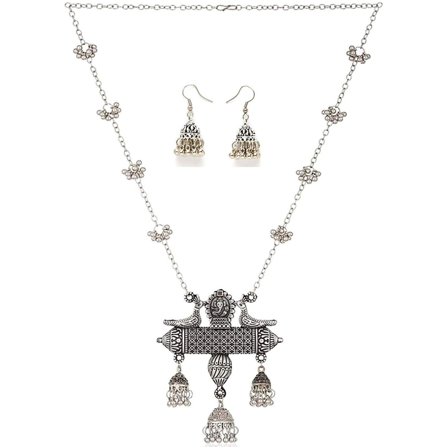 Shining Diva Fashion Latest Oxidised German Silver Afghani Long Chain Pendant Earrings Necklace Jewellery Set for Women (Silver) (12013s)