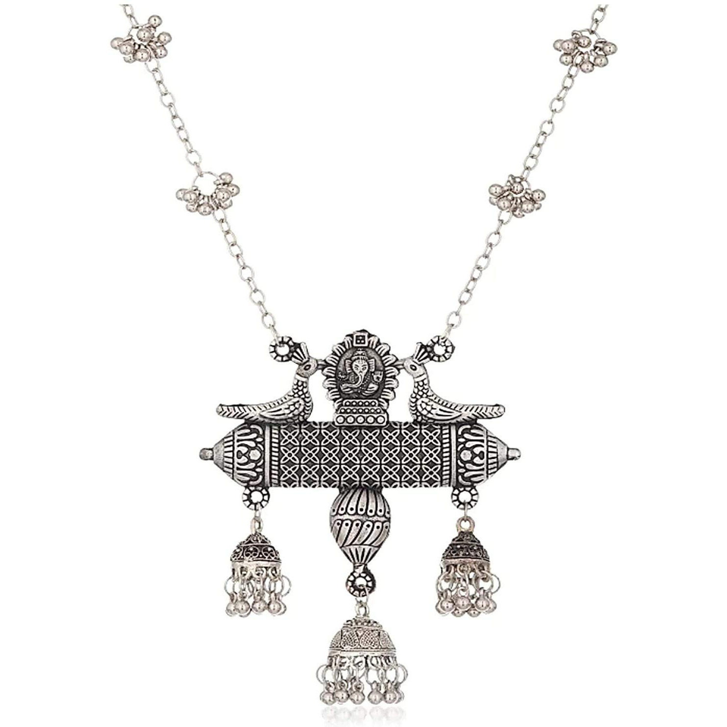 Shining Diva Fashion Latest Oxidised German Silver Afghani Long Chain Pendant Earrings Necklace Jewellery Set for Women (Silver) (12013s)