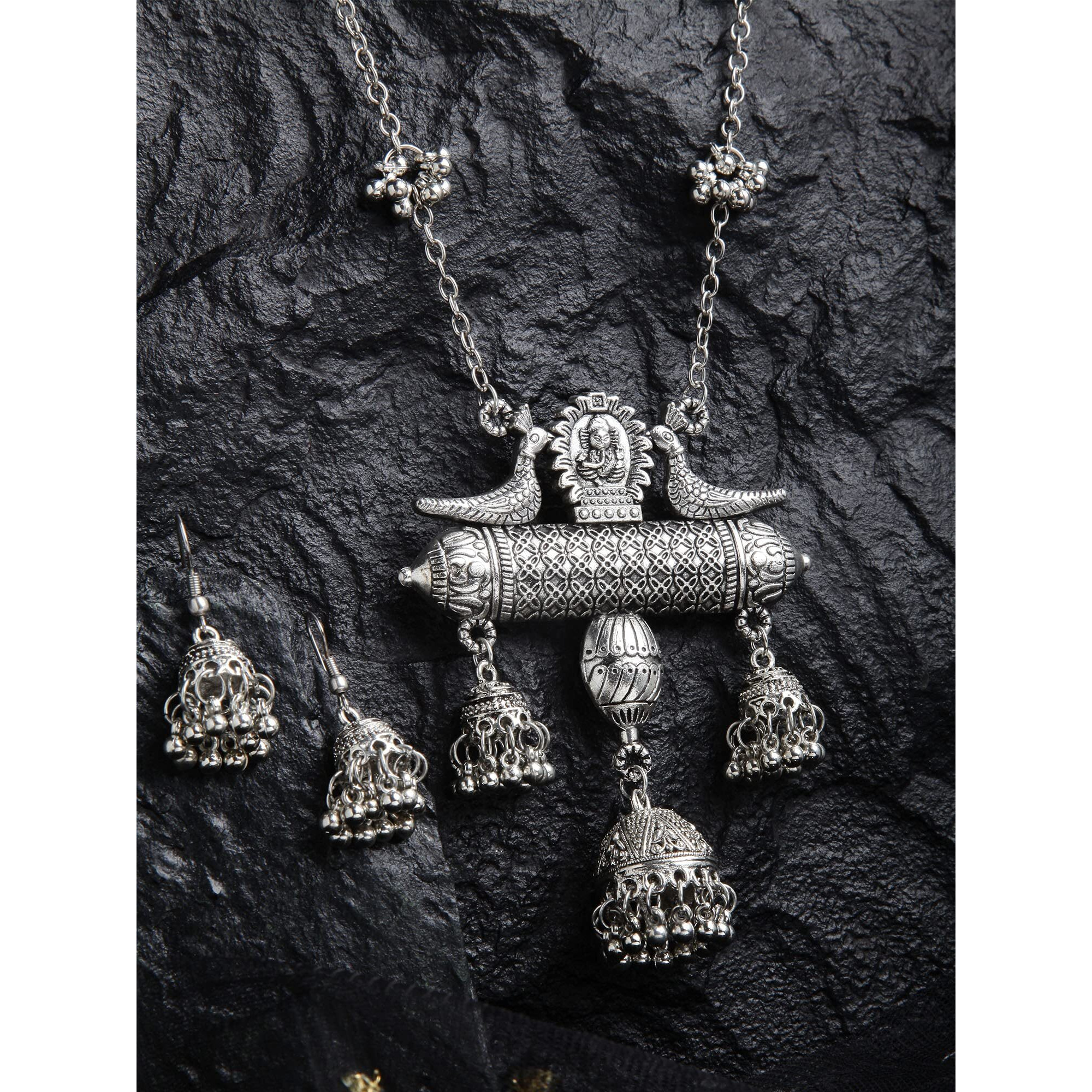 Shining Diva Fashion Latest Oxidised German Silver Afghani Long Chain Pendant Earrings Necklace Jewellery Set for Women (Silver) (12013s)