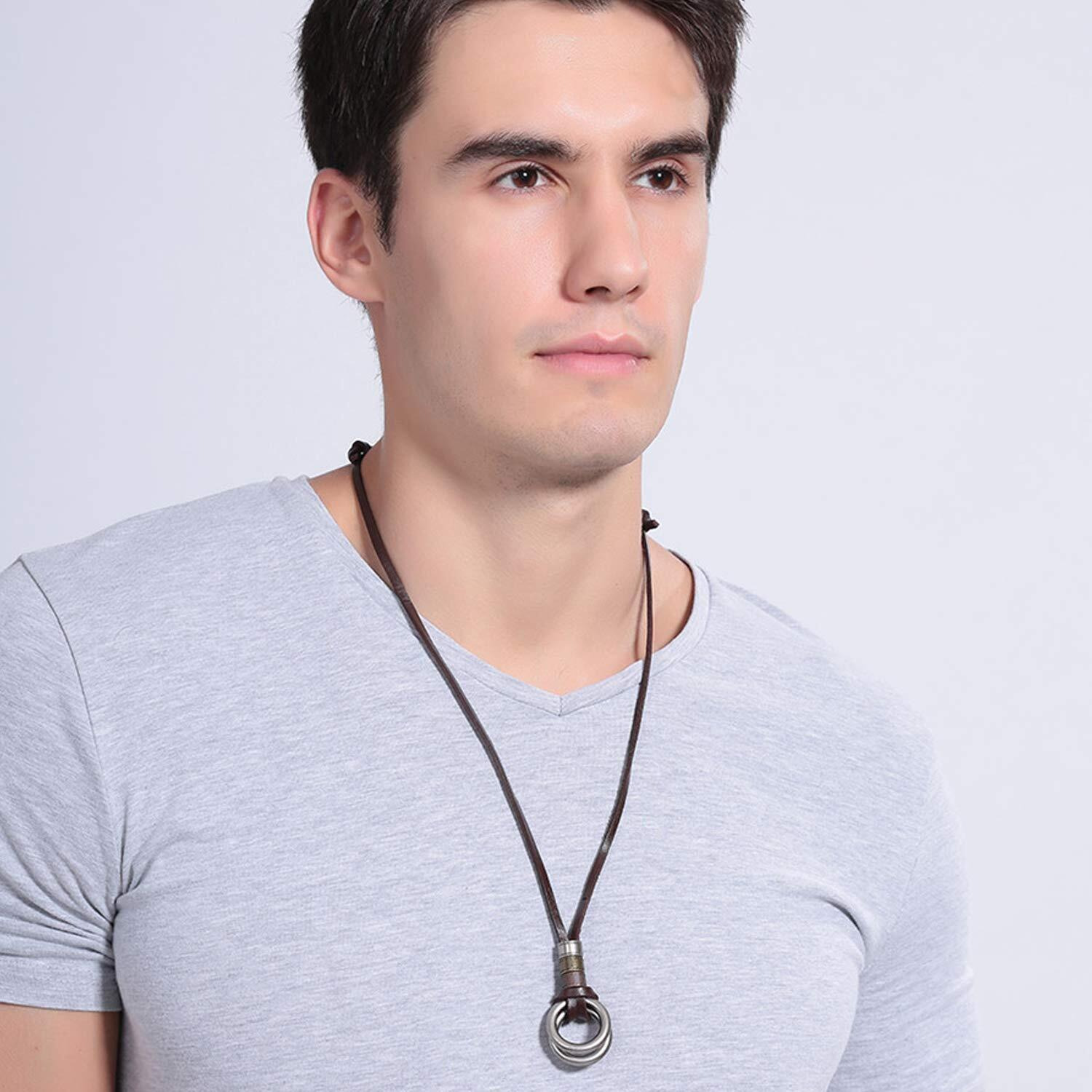 Young & Forever Gift Men-Tastic Collection Boho Bohemian Vintage Double Ring Pendant Adjustable Leather Cord Mens Necklace for Mens Women