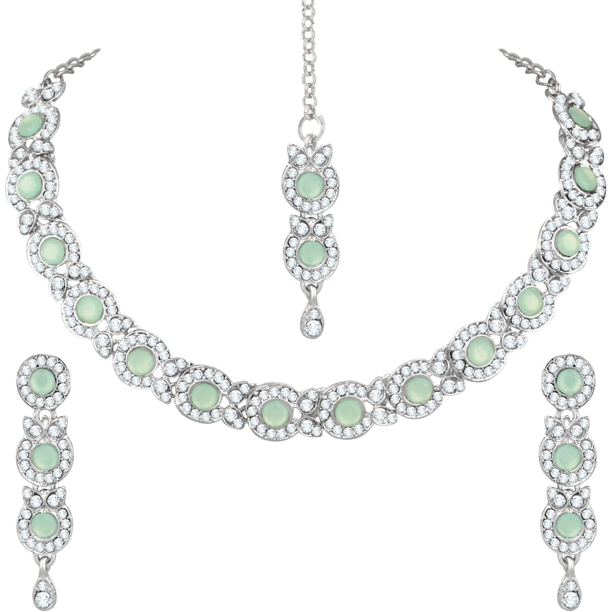 Atasi International Women Silver Plated Pastel Green Necklace with Earrings & Maang Tikka - Jewellery Set For Weddings, Parties, And Festivals (RMG5705)