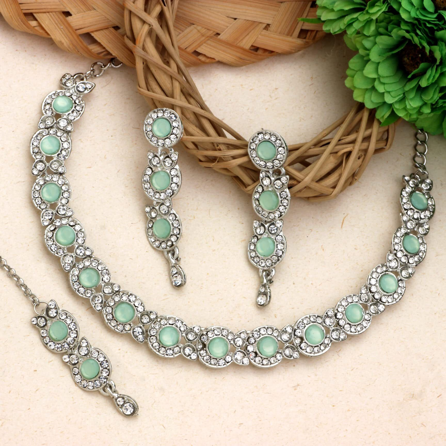 Atasi International Women Silver Plated Pastel Green Necklace with Earrings & Maang Tikka - Jewellery Set For Weddings, Parties, And Festivals (RMG5705)