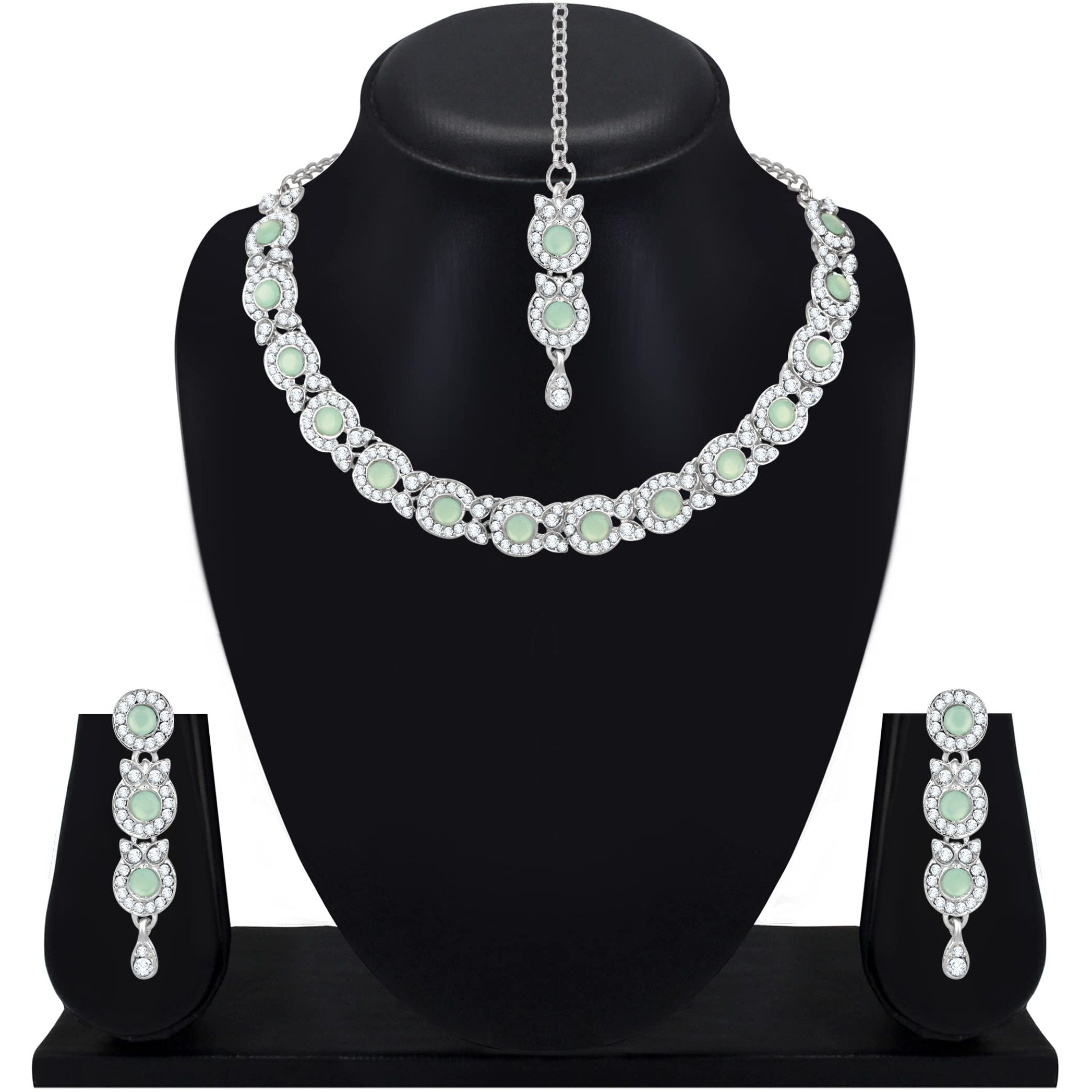 Atasi International Women Silver Plated Pastel Green Necklace with Earrings & Maang Tikka - Jewellery Set For Weddings, Parties, And Festivals (RMG5705)