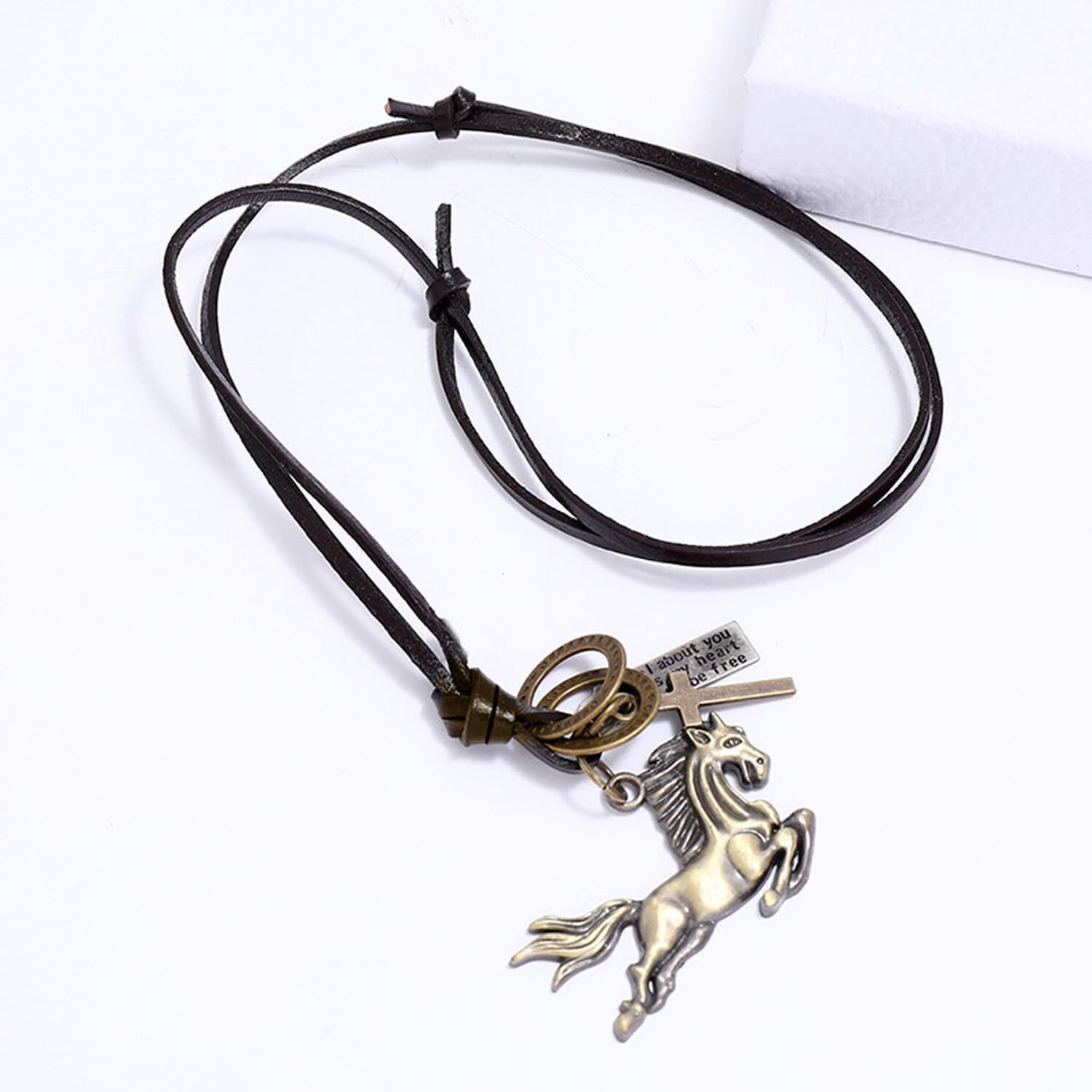 Young & Forever Gift Men-Tastic Collection Boho Bohemian Vintage Horse Pendant Adjustable Leather Cord Mens Necklace for Men Women