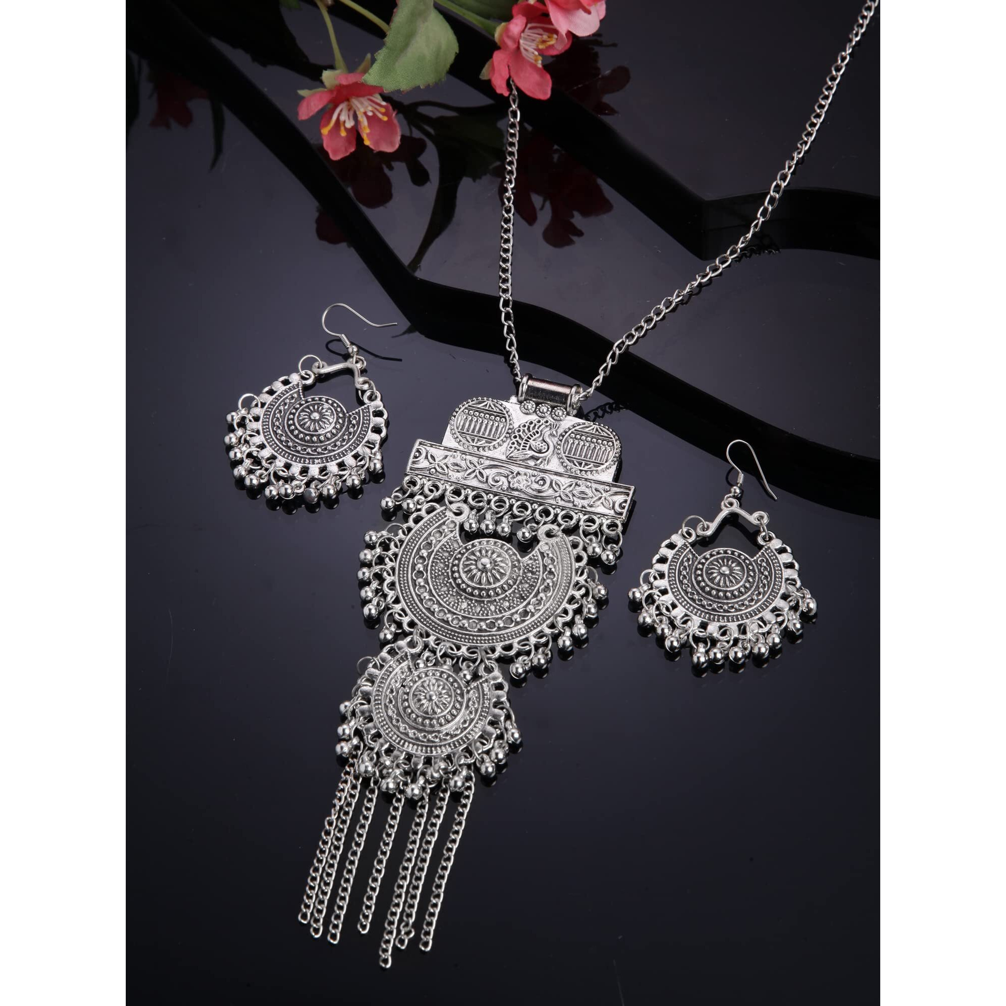 Shining Diva Fashion Latest Stylish Traditional Oxidised Silver Necklace Jewellery Set for Women (13174s)