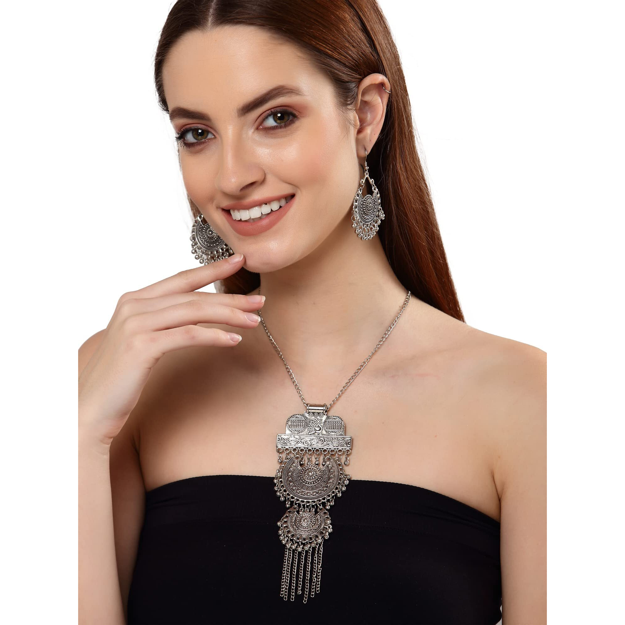 Shining Diva Fashion Latest Stylish Traditional Oxidised Silver Necklace Jewellery Set for Women (13174s)