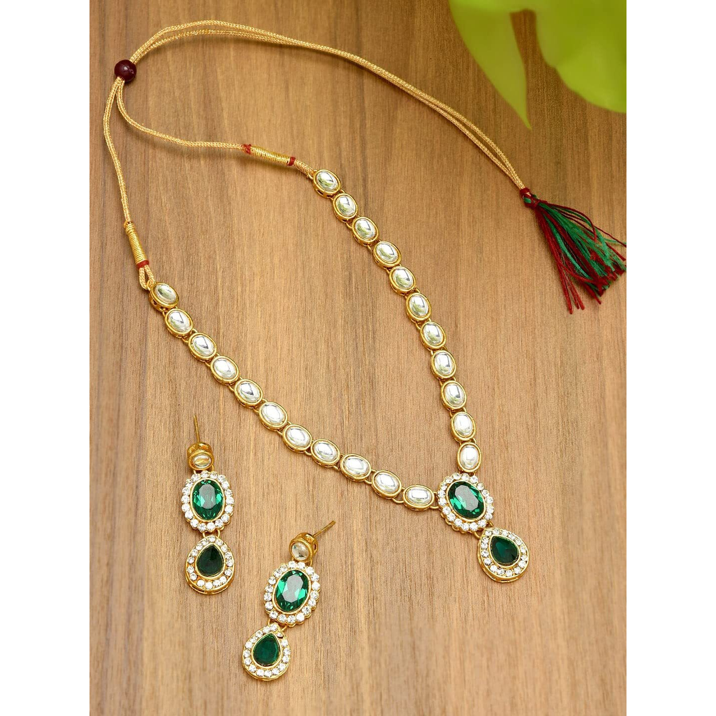 ZAVERI PEARLS Gold Tone Kundan & Green Stones Wedding Collection Necklace & Earring Set For Women-ZPFK9597