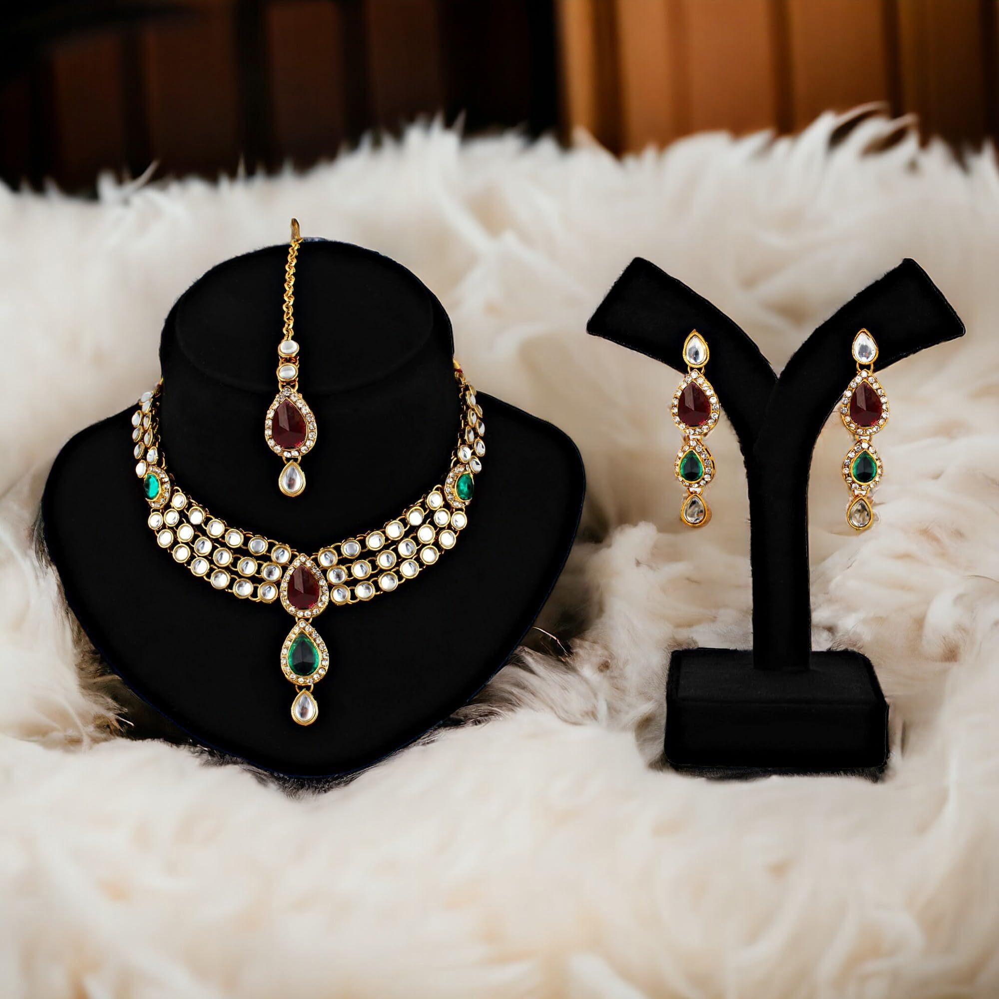 Lucky Jewellery Traditional Maroon Green Color Gold Plated Kundan Necklace Set For Girls & Women (MSK-3-LINE-MG)