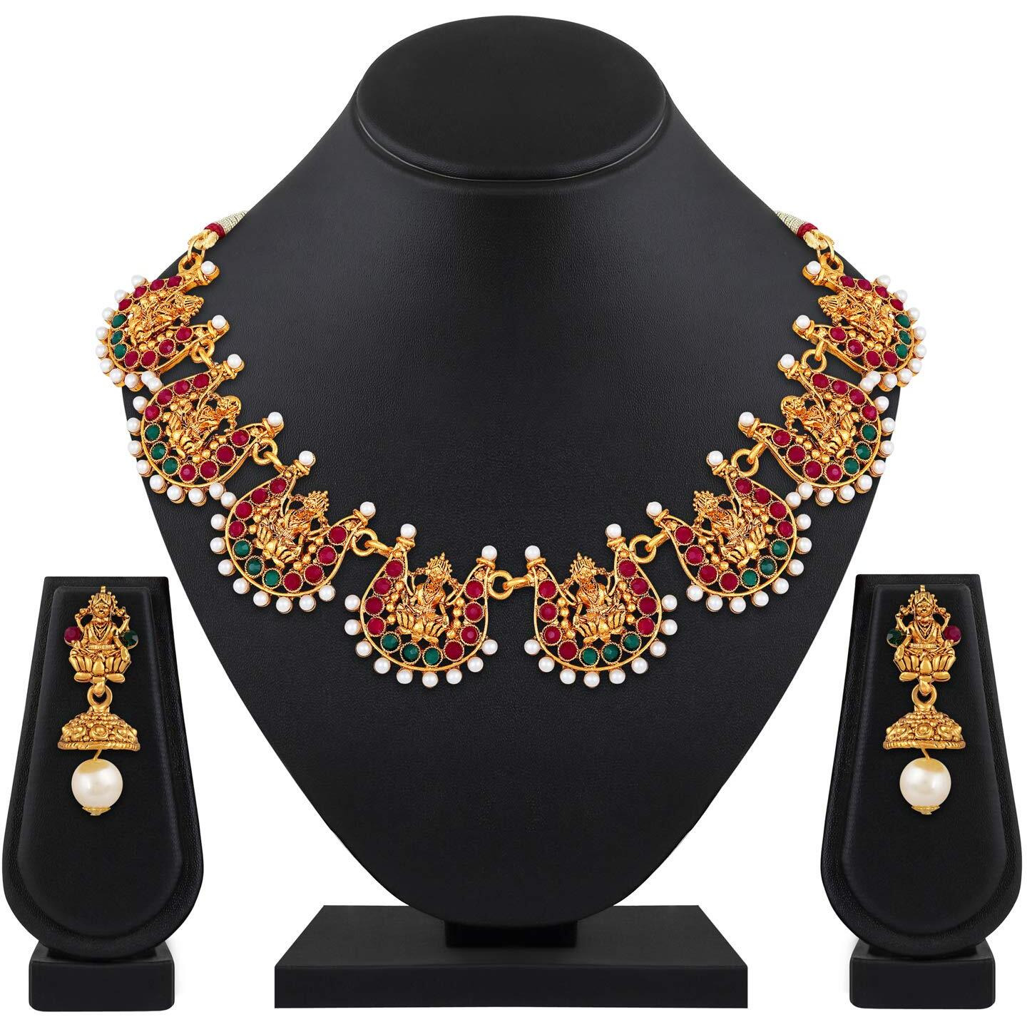 Shining Diva Fashion Latest Temple Design Necklace Set for Women Traditional Choker Gold Plated Jewellery Set for Women (Multicolor) (10650s)